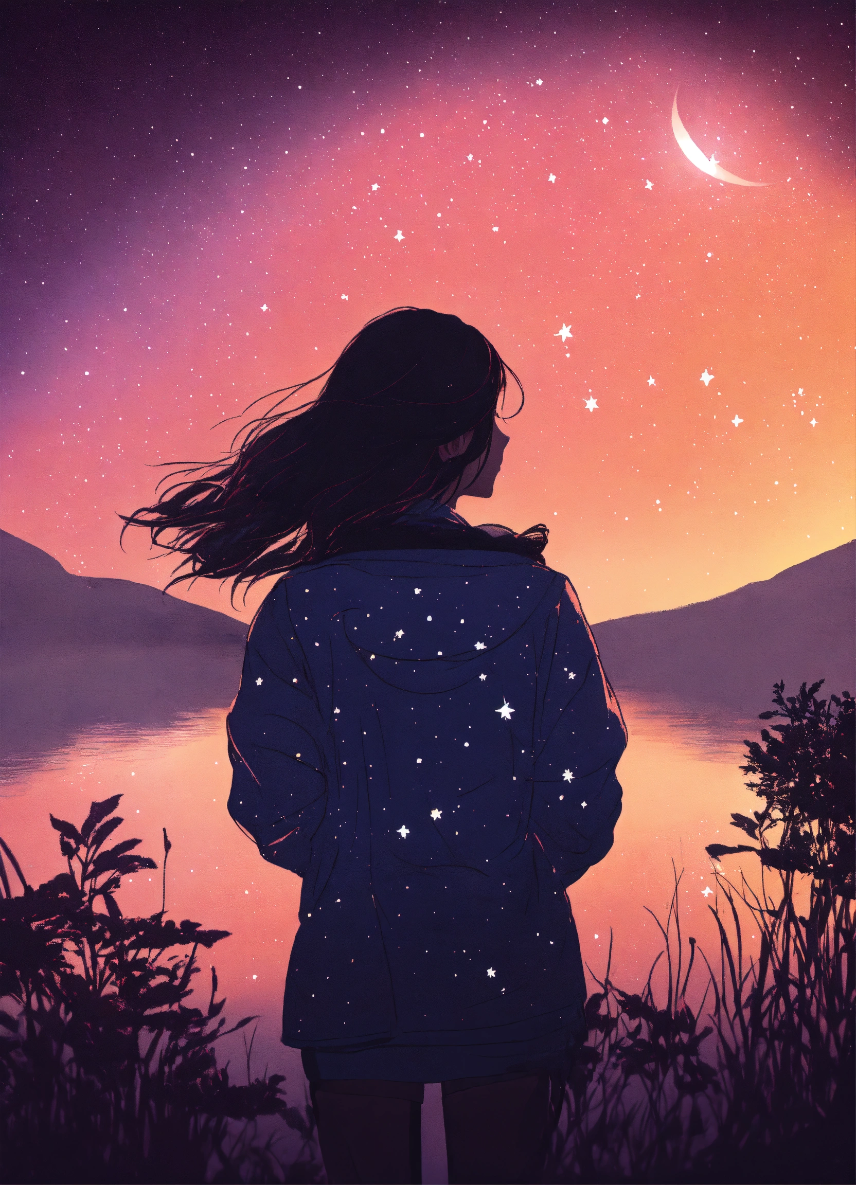 Lexica - Girl looking at the stars, logo,