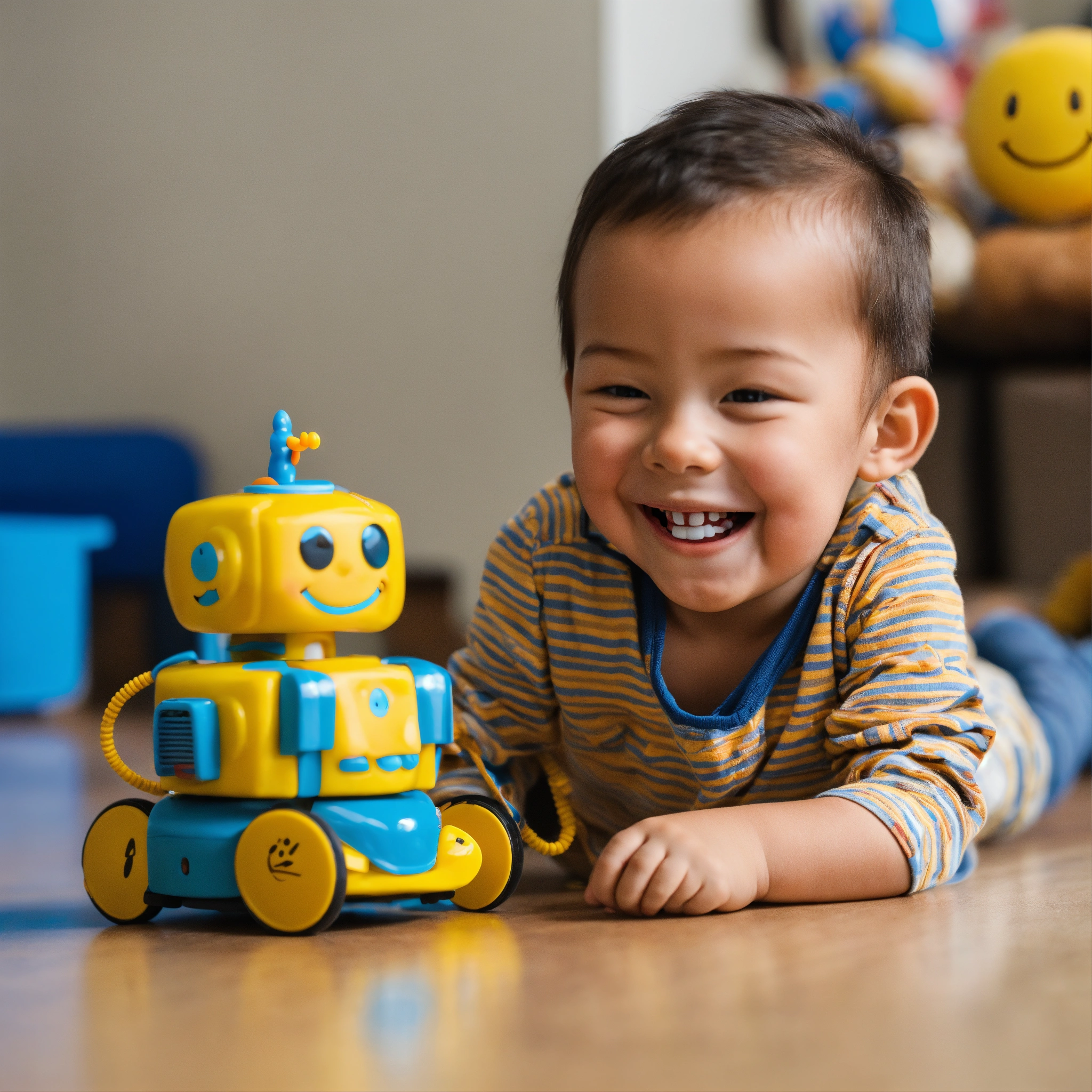 Lexica - A photo of a child playing with a toy robot. The robot is blue ...