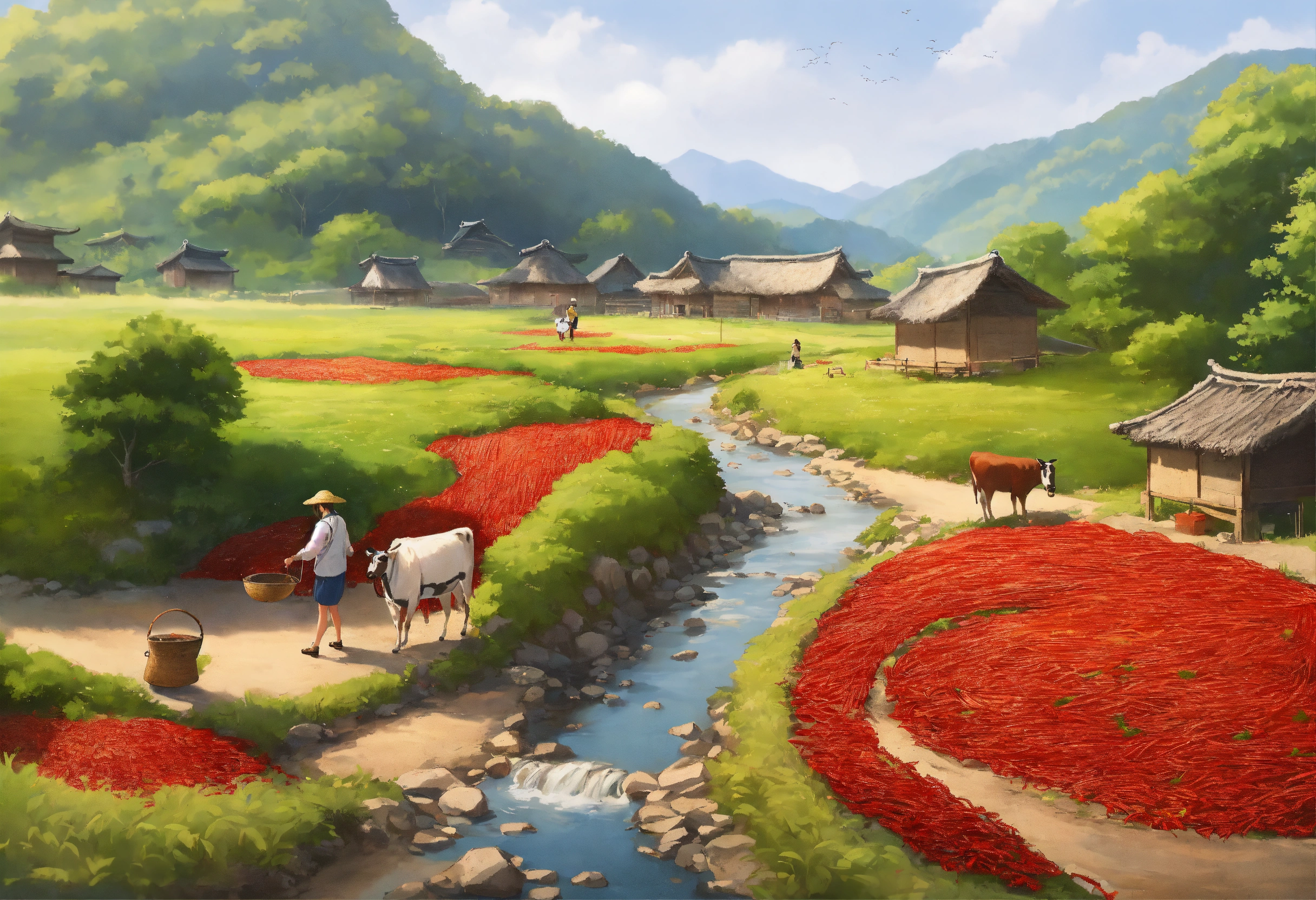 Lexica - A rural landscape in Korea, with thatched huts, a stream, a ...
