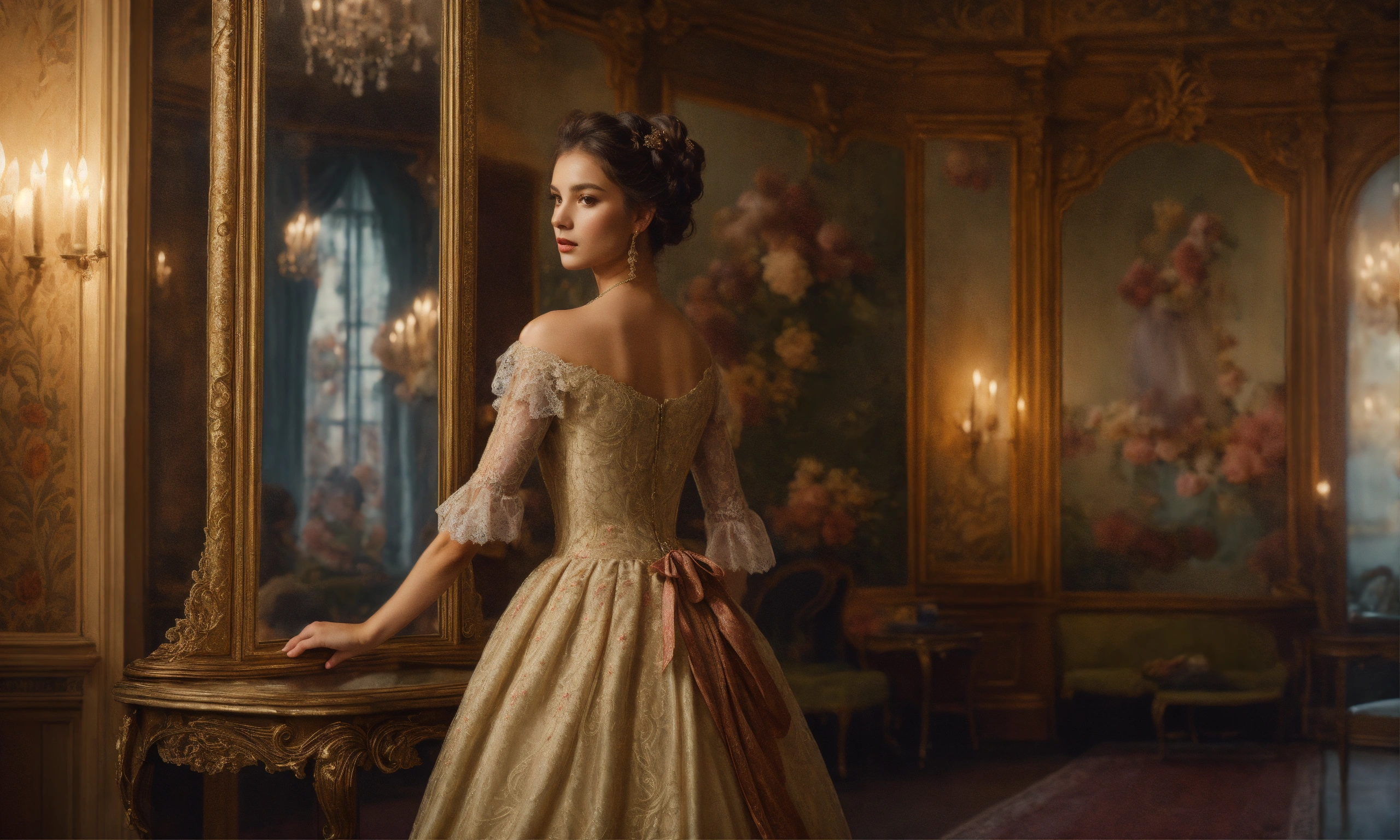 Lexica - Young Beautiful Lady stands before a vintage, ornate mirror ...