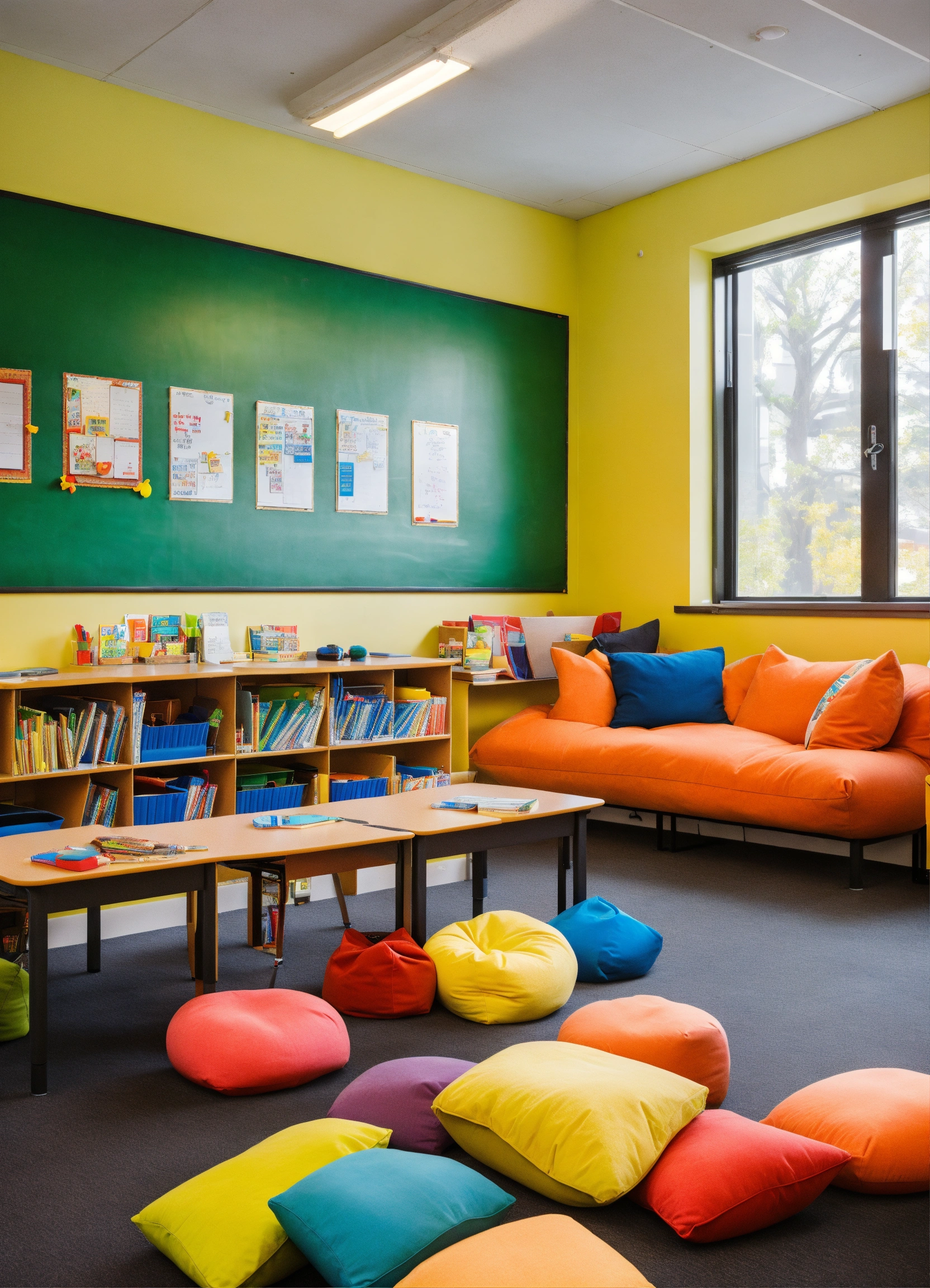 Lexica A classroom with a teacher desk, and student desks with bean