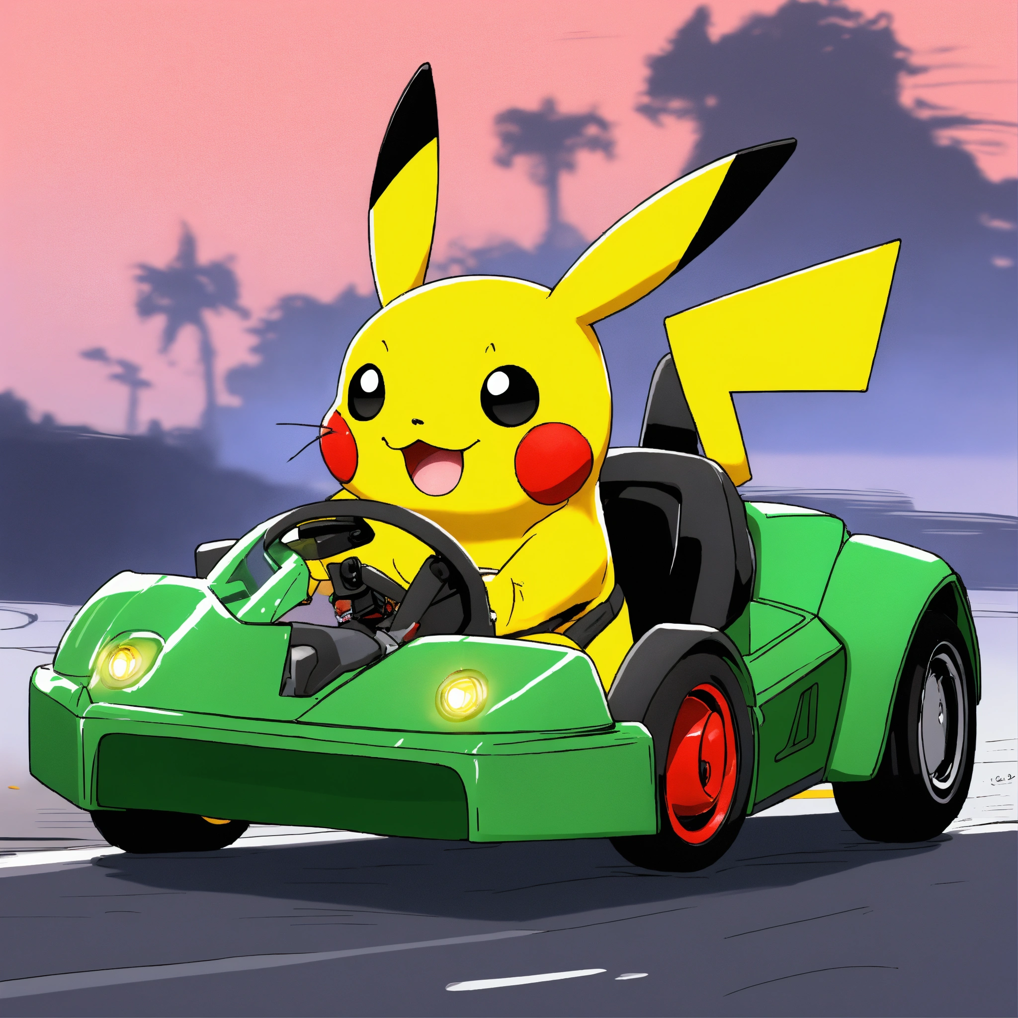 Lexica - Draw me a pickachu riding a green go kart