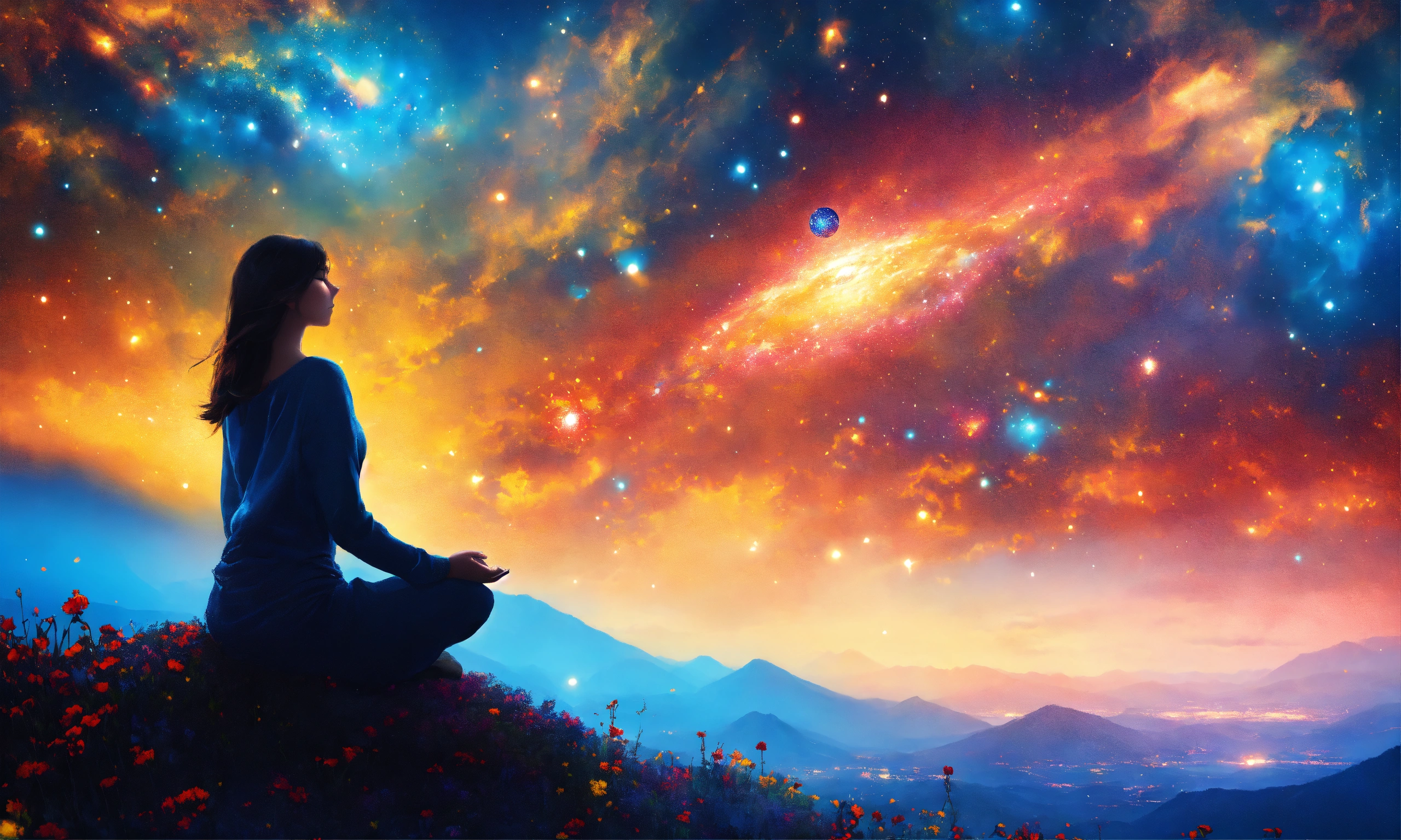 Lexica - Beautiful woman in Meditation posture, mountain, a vast field ...