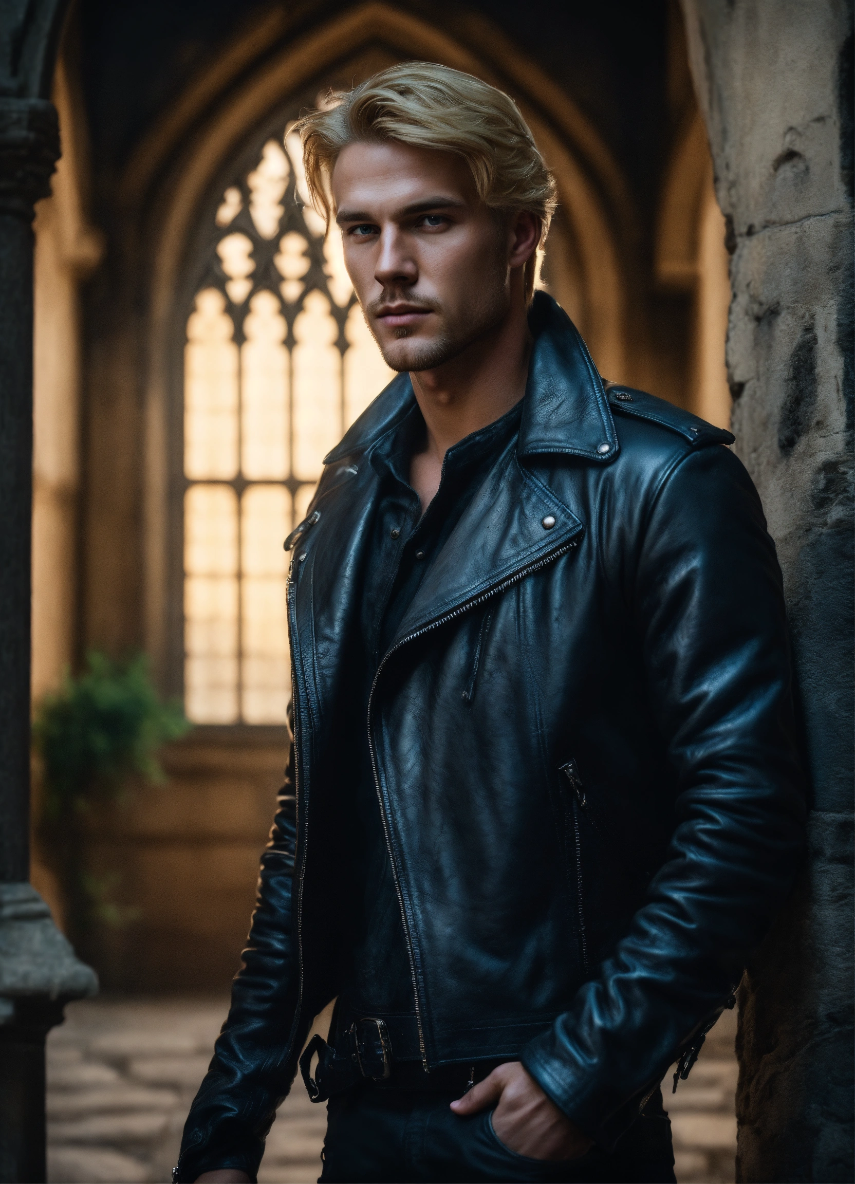 Lexica - Portrait of a handsome blond-haired man in a leather jacket ...
