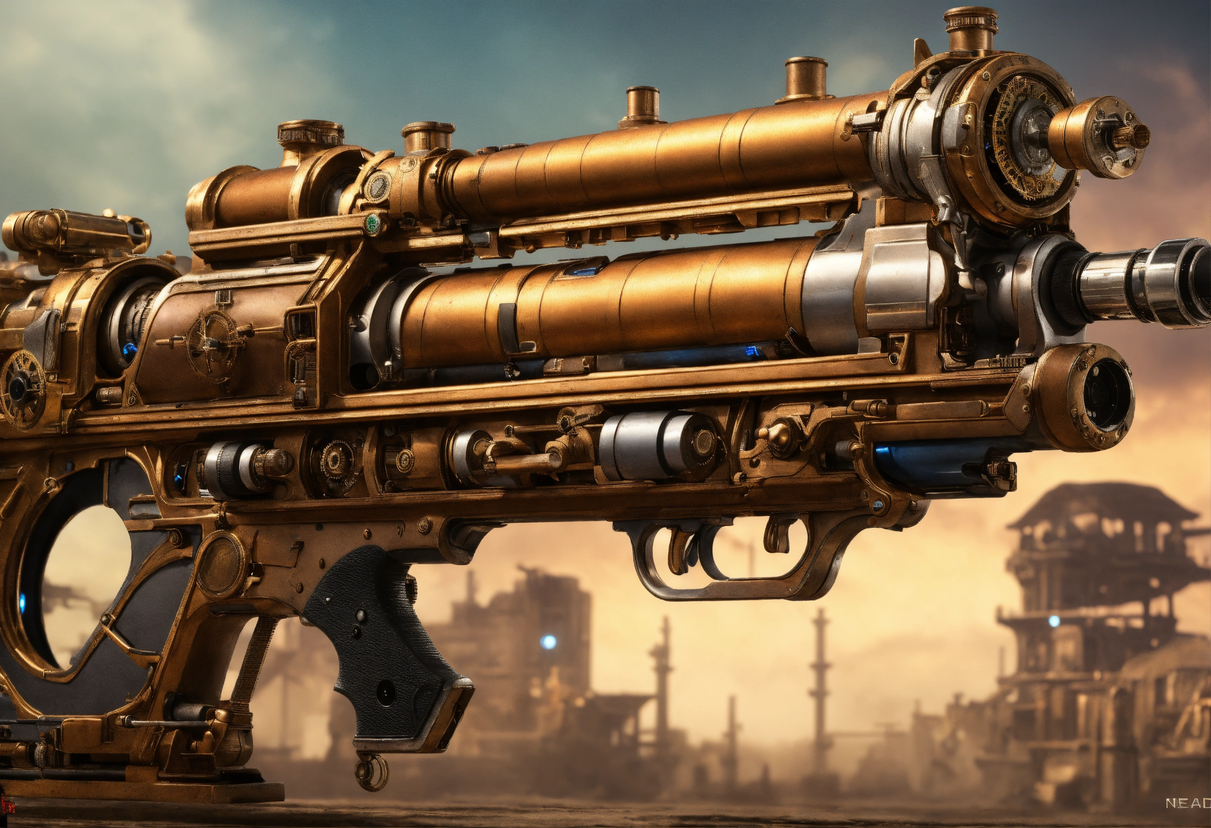 Lexica - Side view of the full image of a steampunk energy rifle