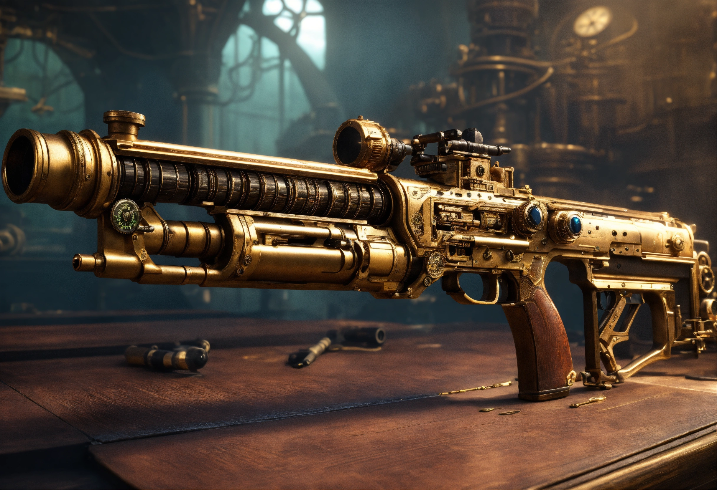 Lexica - Side view of the full image of a steampunk energy rifle