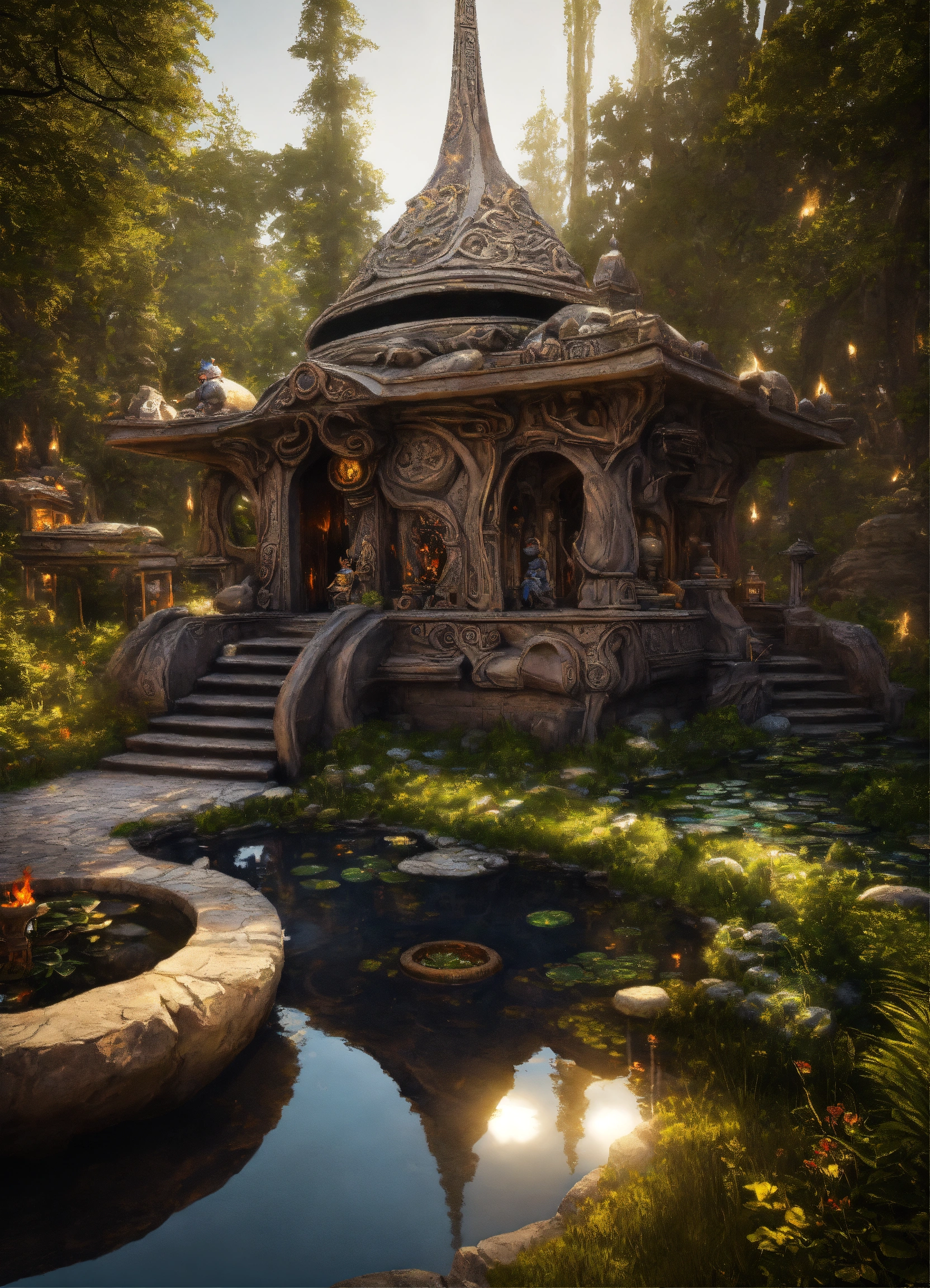 Lexica - A spiritual gnomes temple garden.sculptured . Style of alex grey.giger.unreal  engine.winding path. Pond. Fire pit.meditation seat.