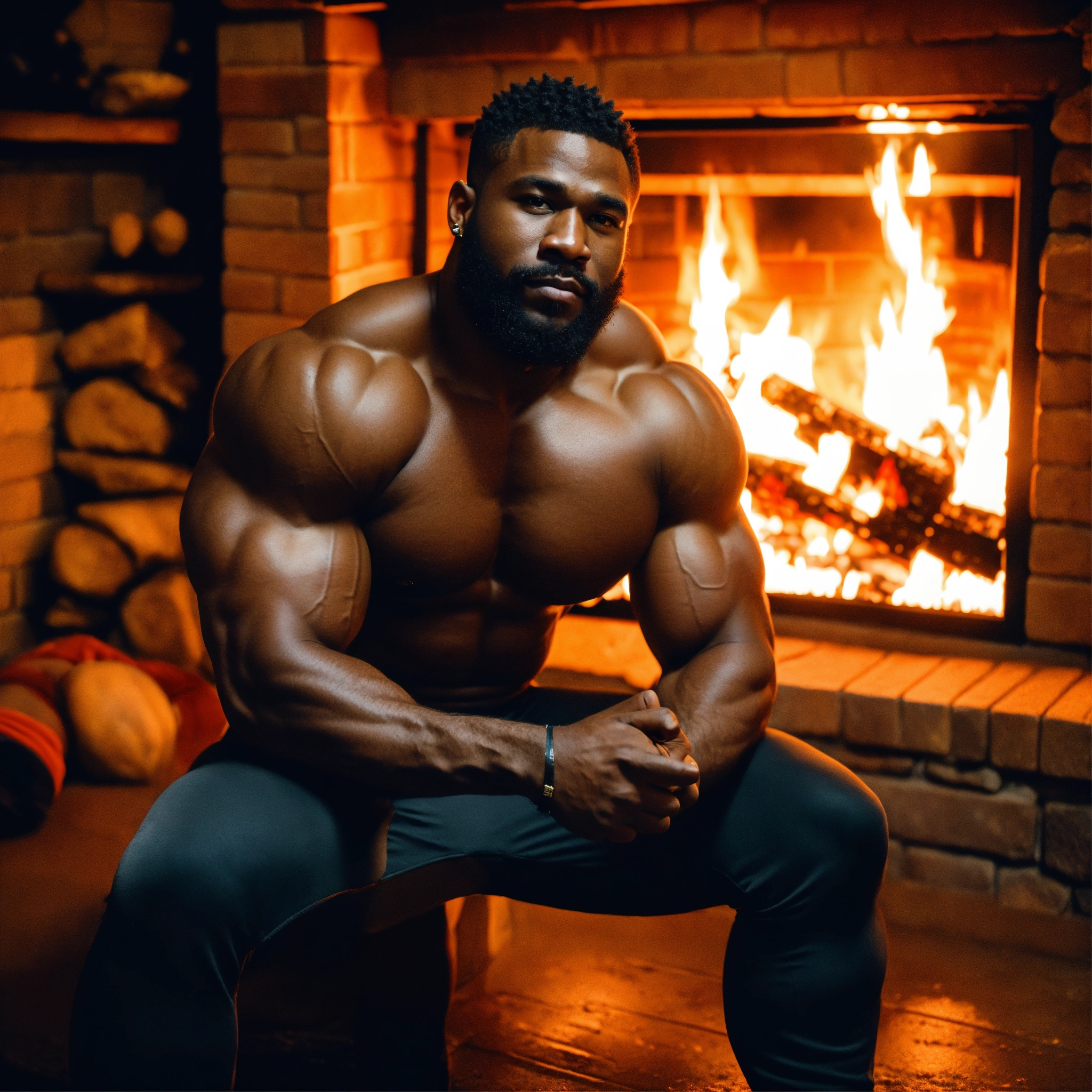 Lexica - 30-year-old hairy black man with big muscles, big bodybuilder,  body like a wrestler, sitting in front of a fireplace during a snowy night