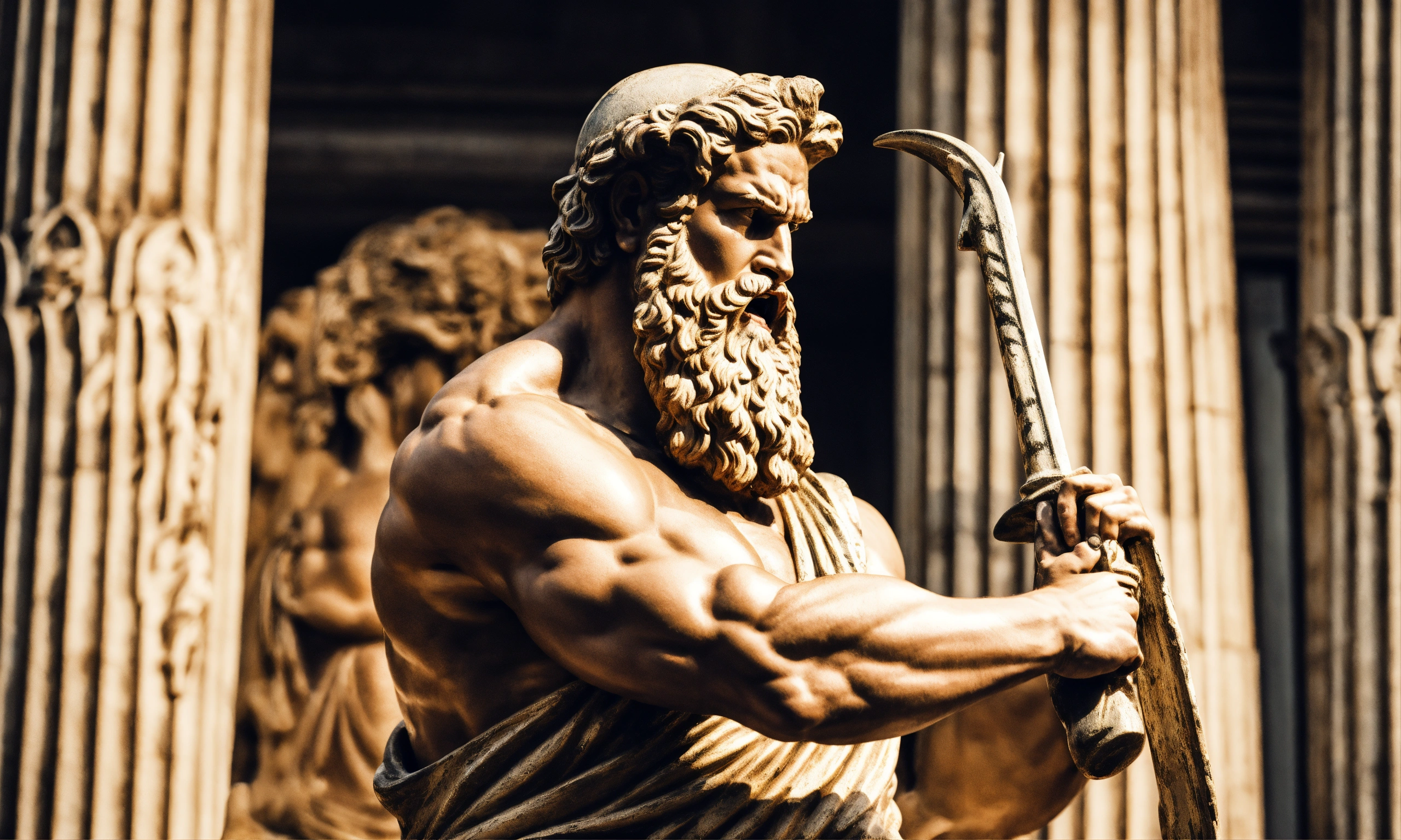 Lexica - Greek statue strong man with beard aggressive expression backward