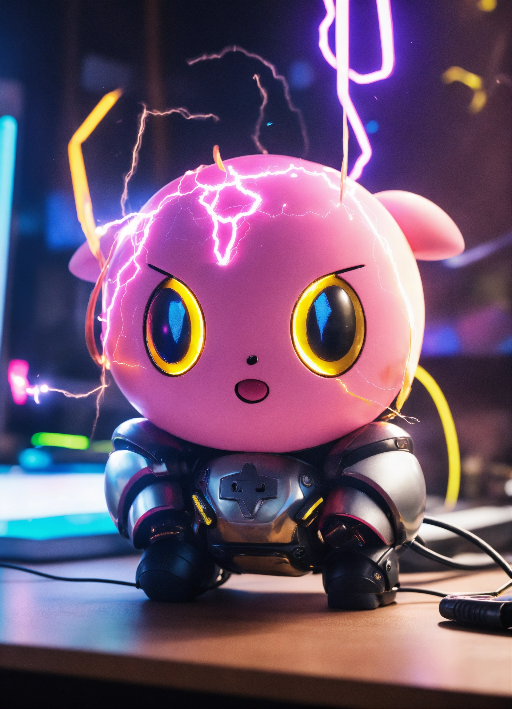 Lexica - A real photo of Cute Cyber Kirby lightning angry