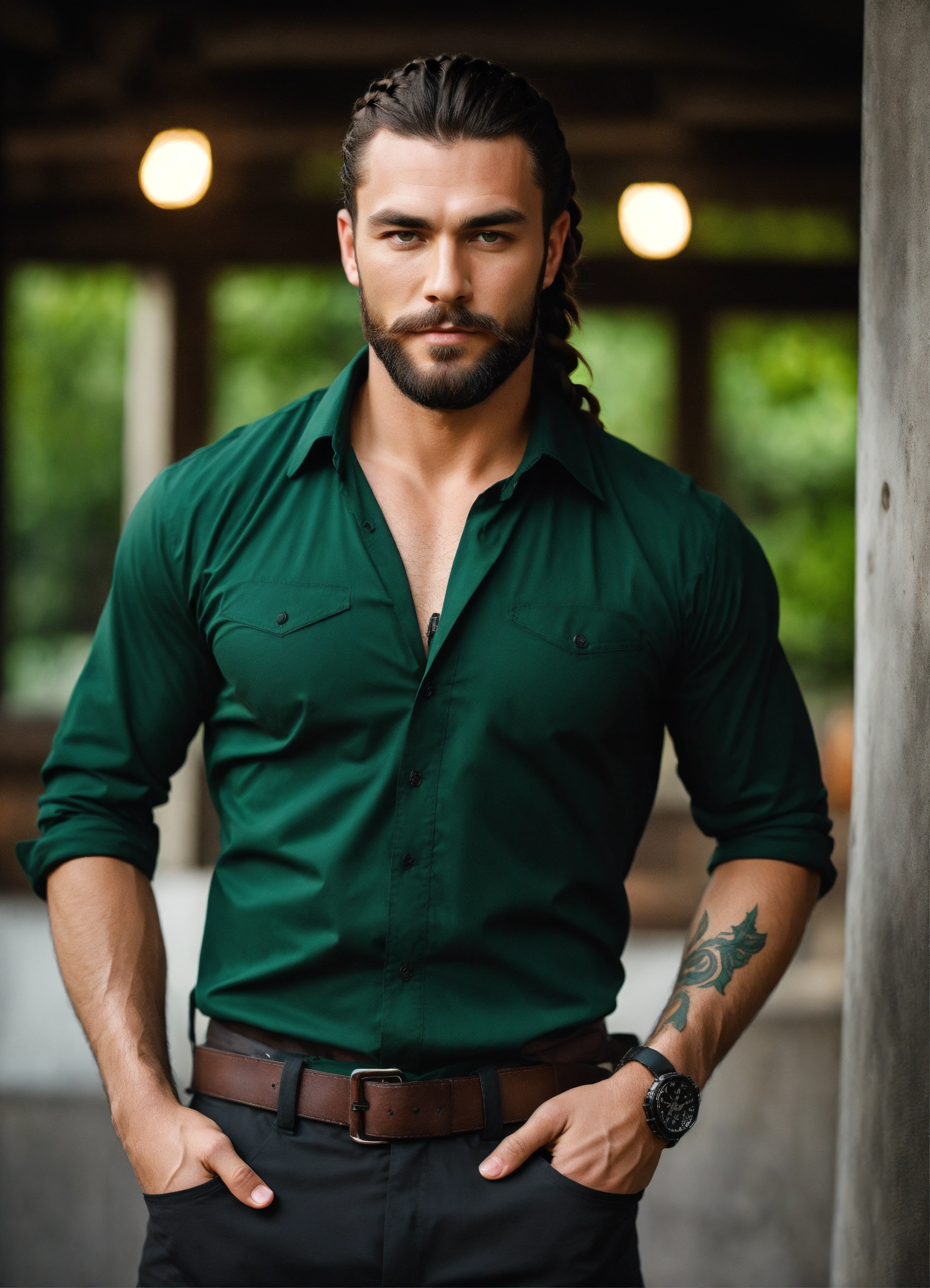 Lexica - A handsome brutal man with shoulder-length dark hair braided ...