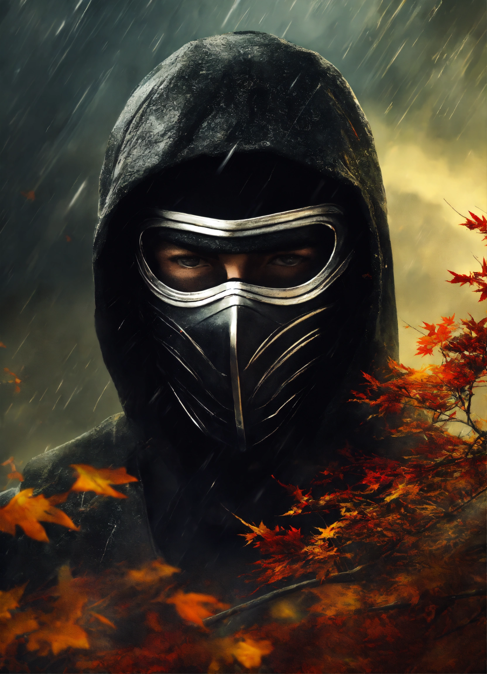 Lexica - Abstract art. Ninja with black mask. Autumn storm.