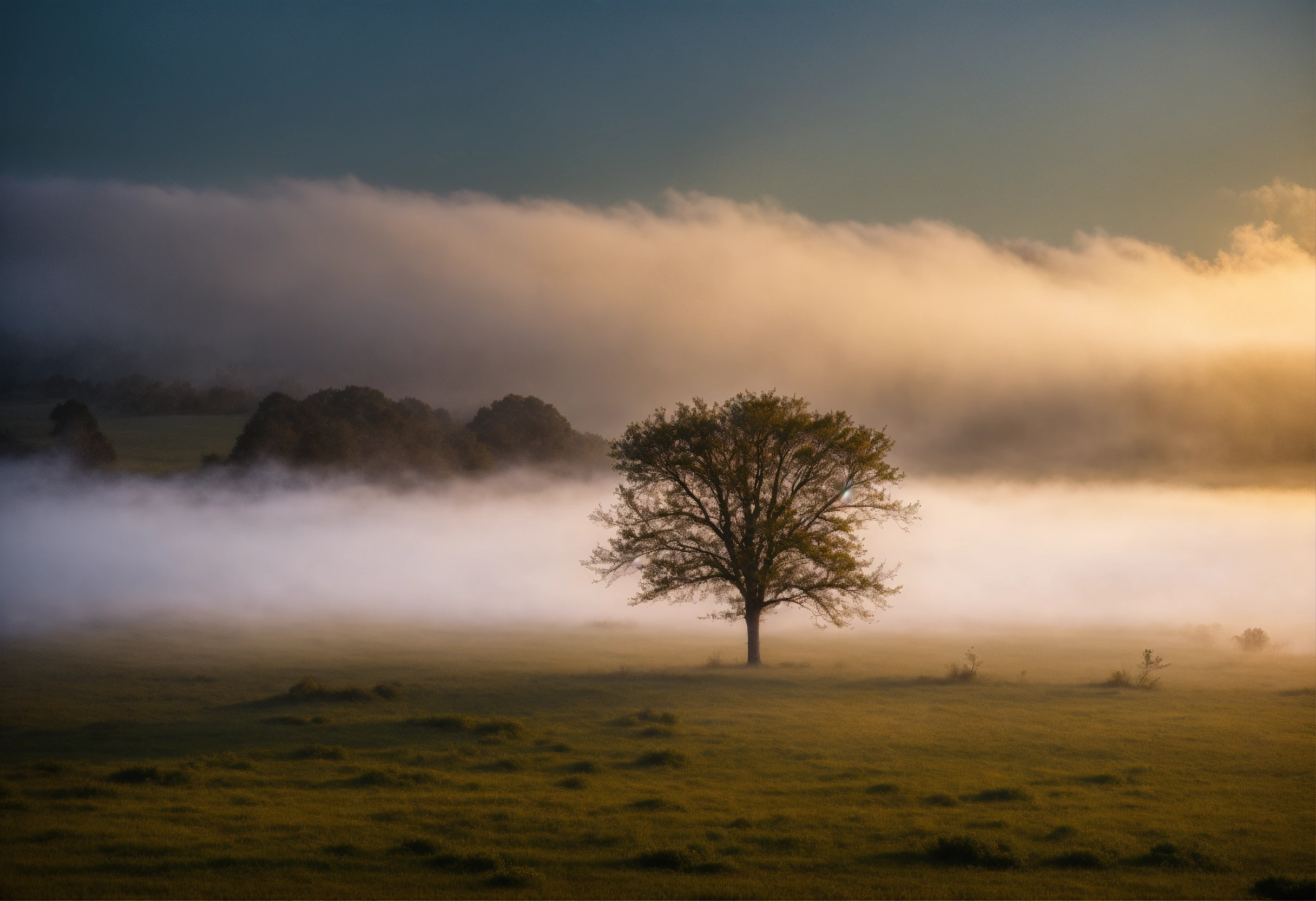 Lexica - A single tree in a meadow covered with morning fog, Glamor ...