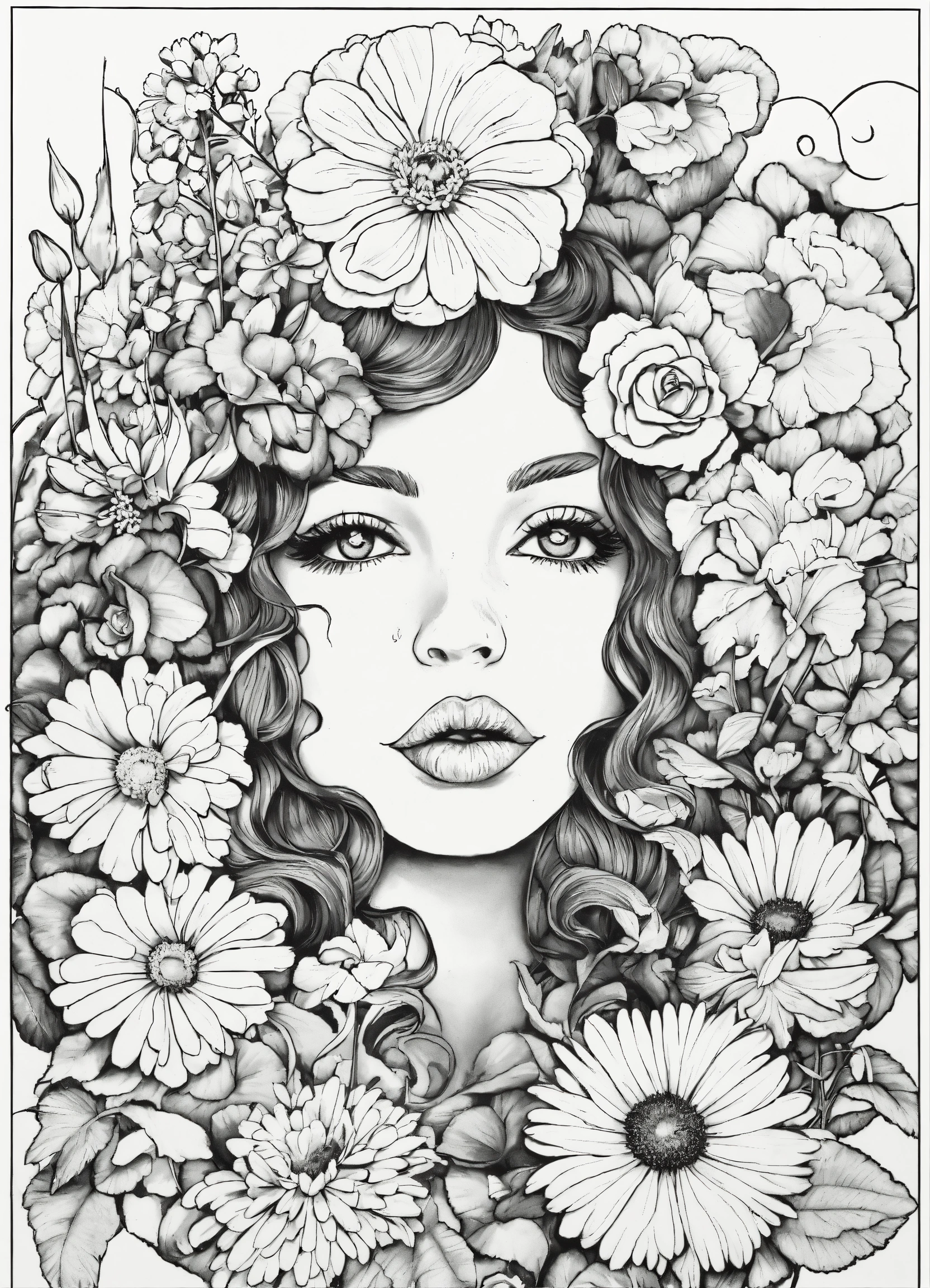 Lexica - Faces and flowers, Ed Roth, coloring book, line art, low ...