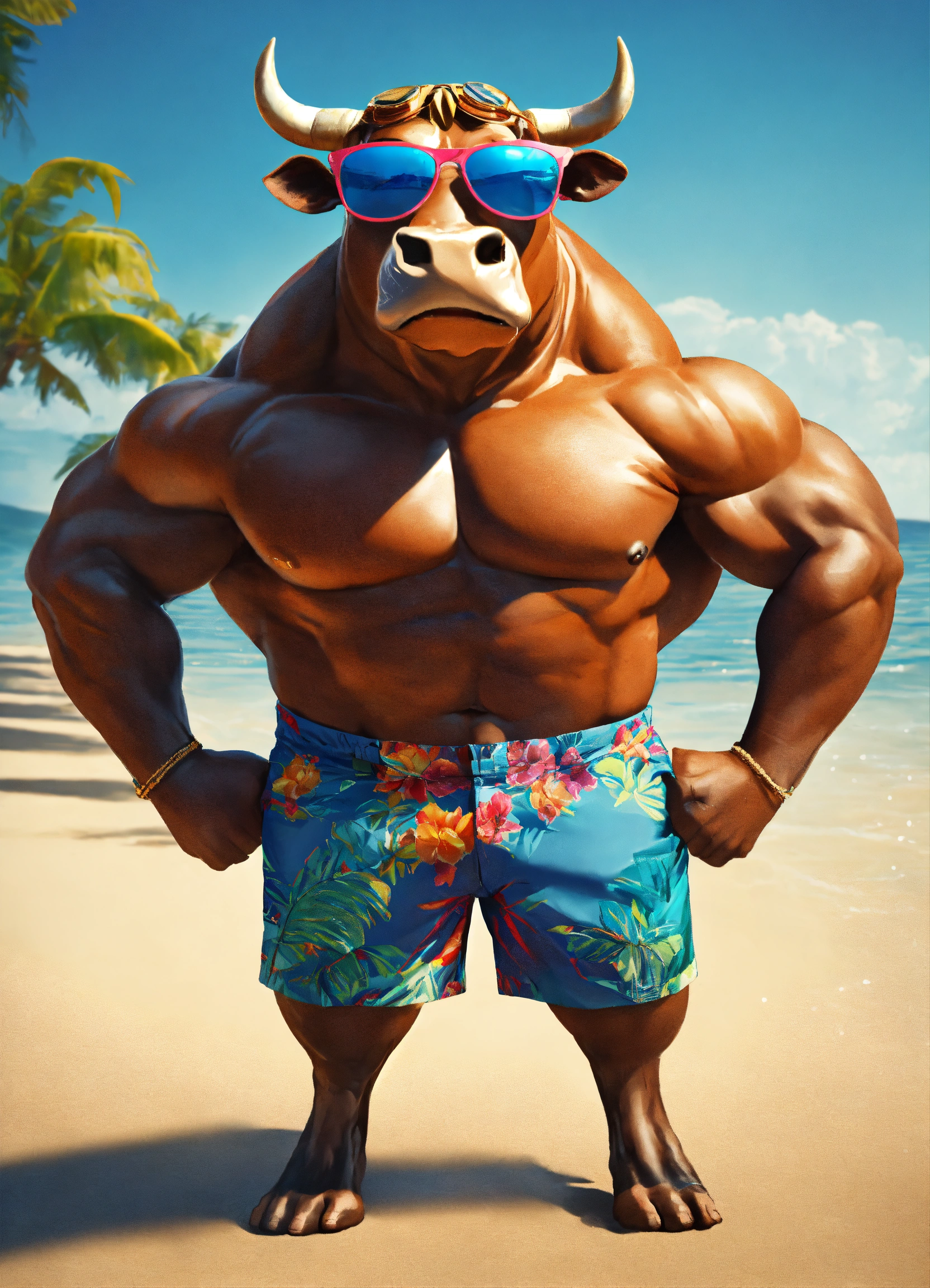 Lexica - A riped bull that flexes his arms up and wearing sunglasess ...