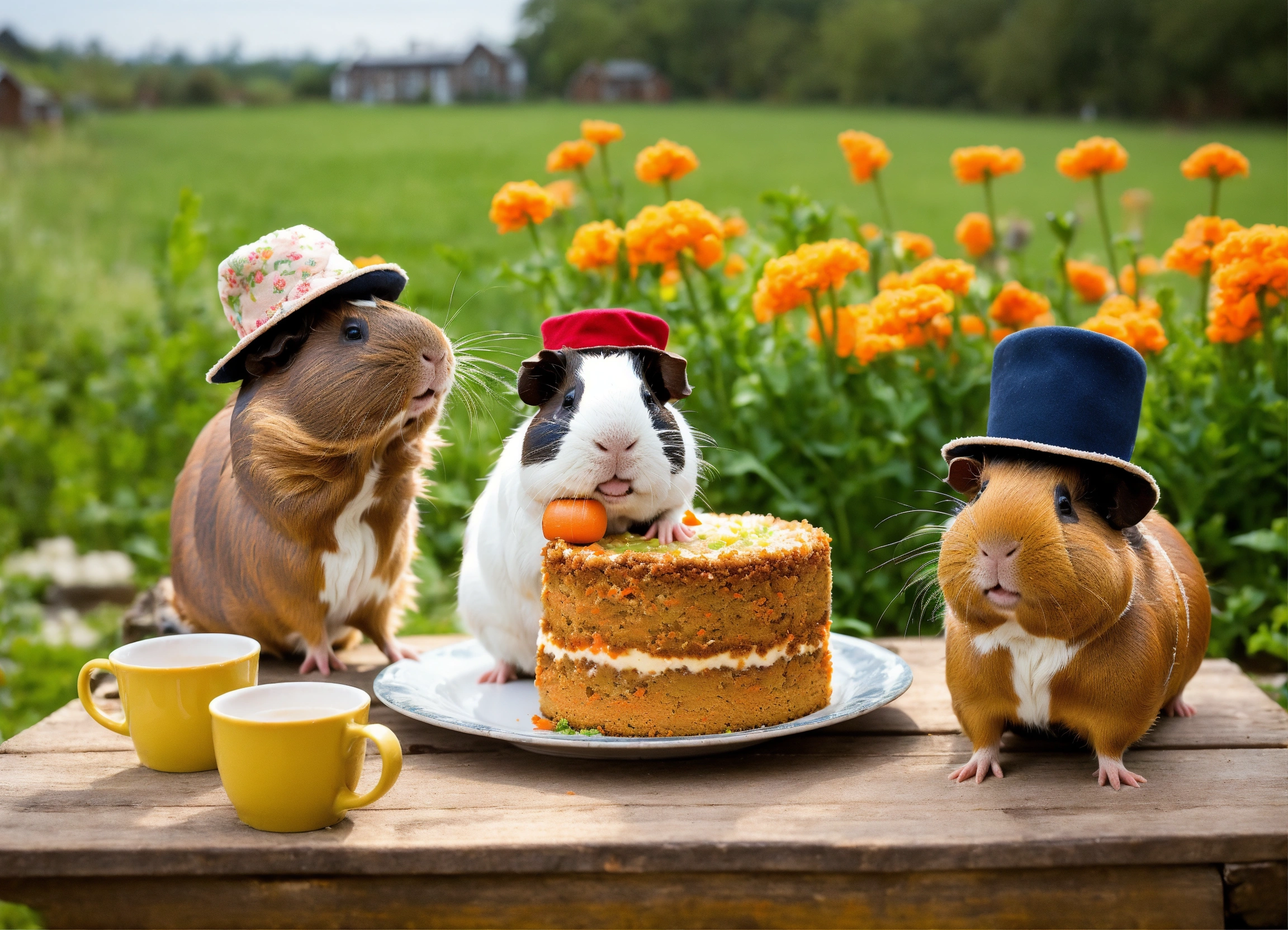 Lexica - Few sweet Guinea pigs in fancy dresses and hats taking a cup ...