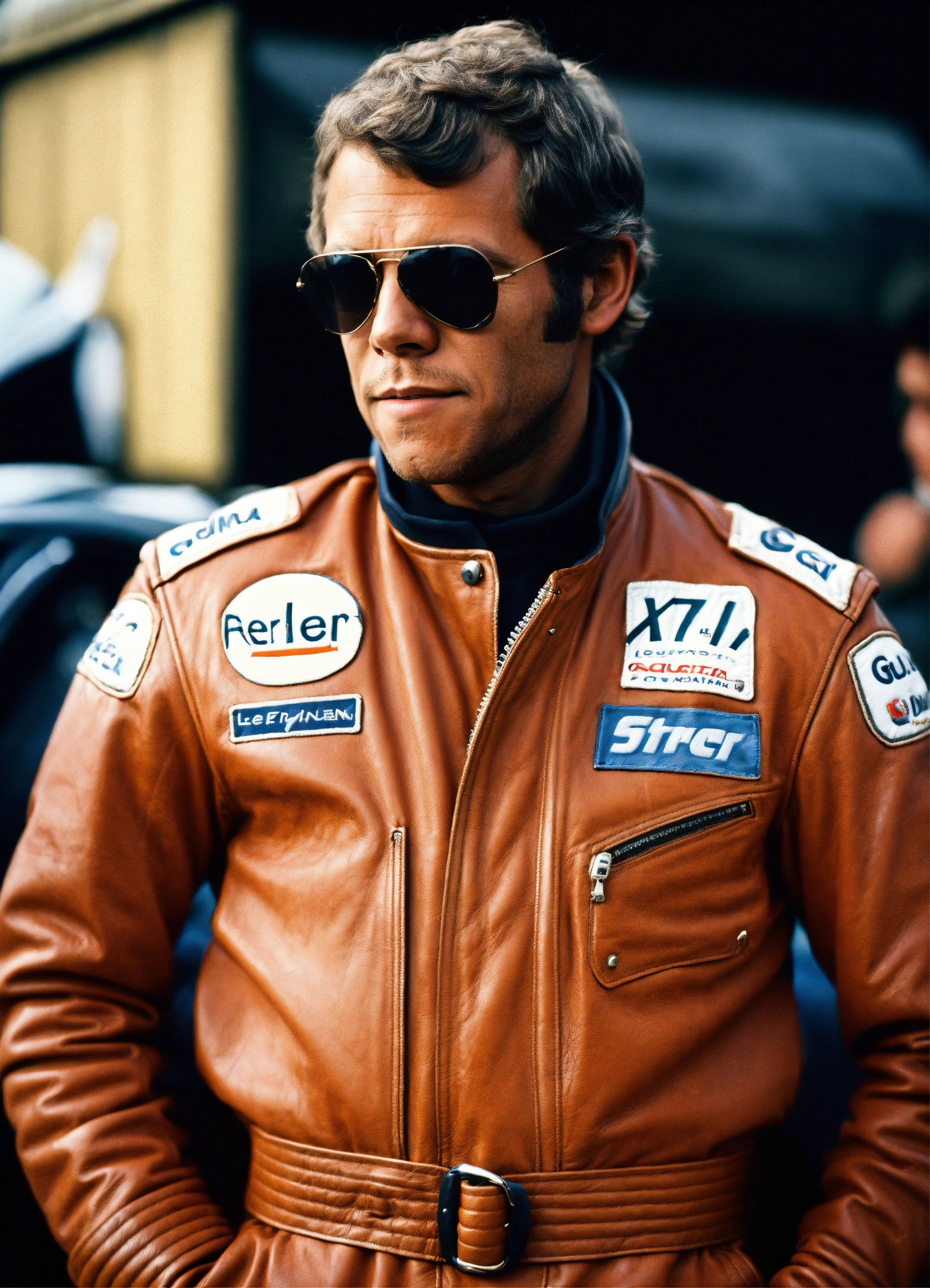 Lexica Steve Mcqueen Le Mans Gulf jacket portrait face view leather jacket Photographic quality