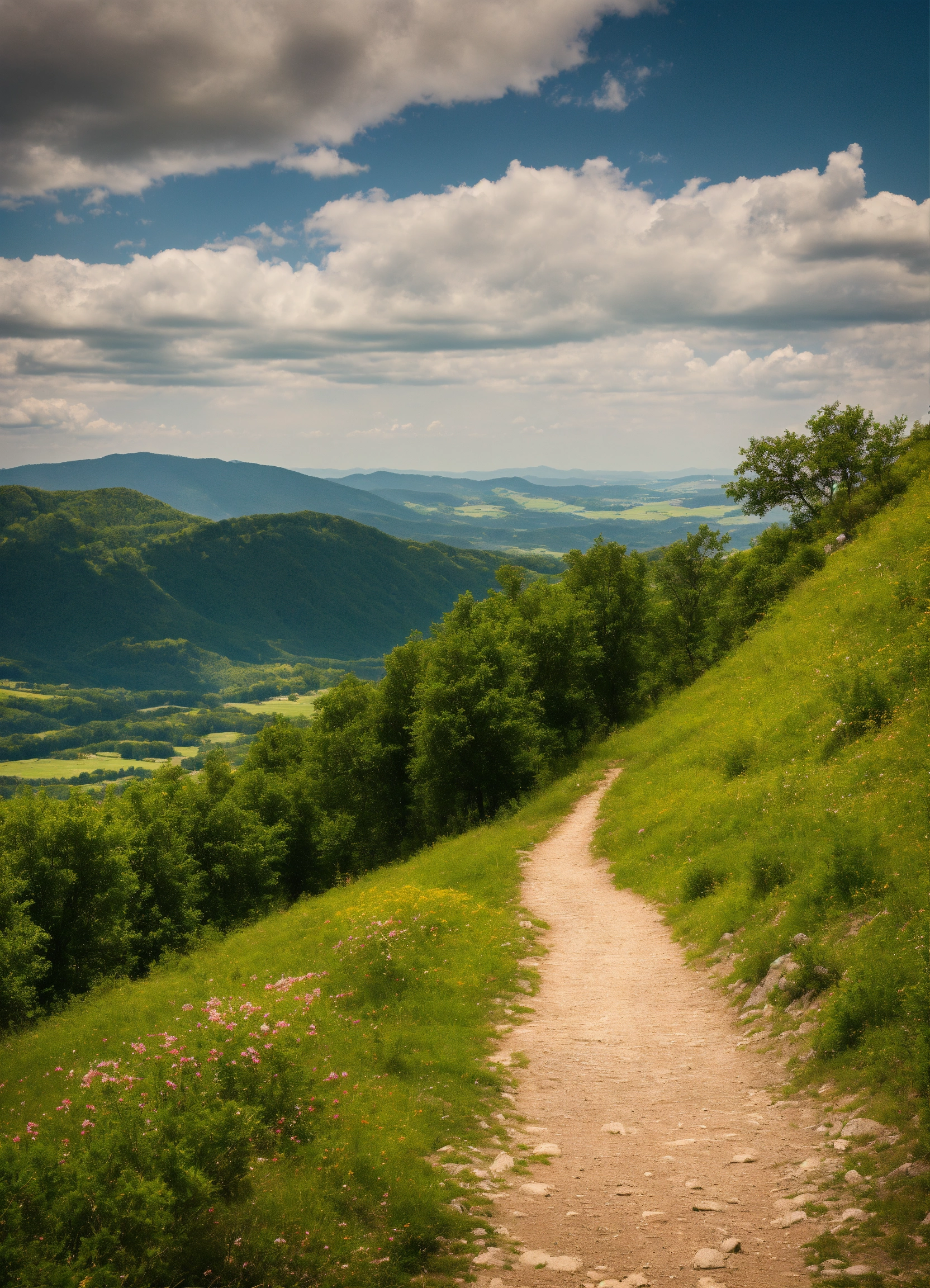 Lexica - Endless hiking trail in the middle, green trees, hills in the ...