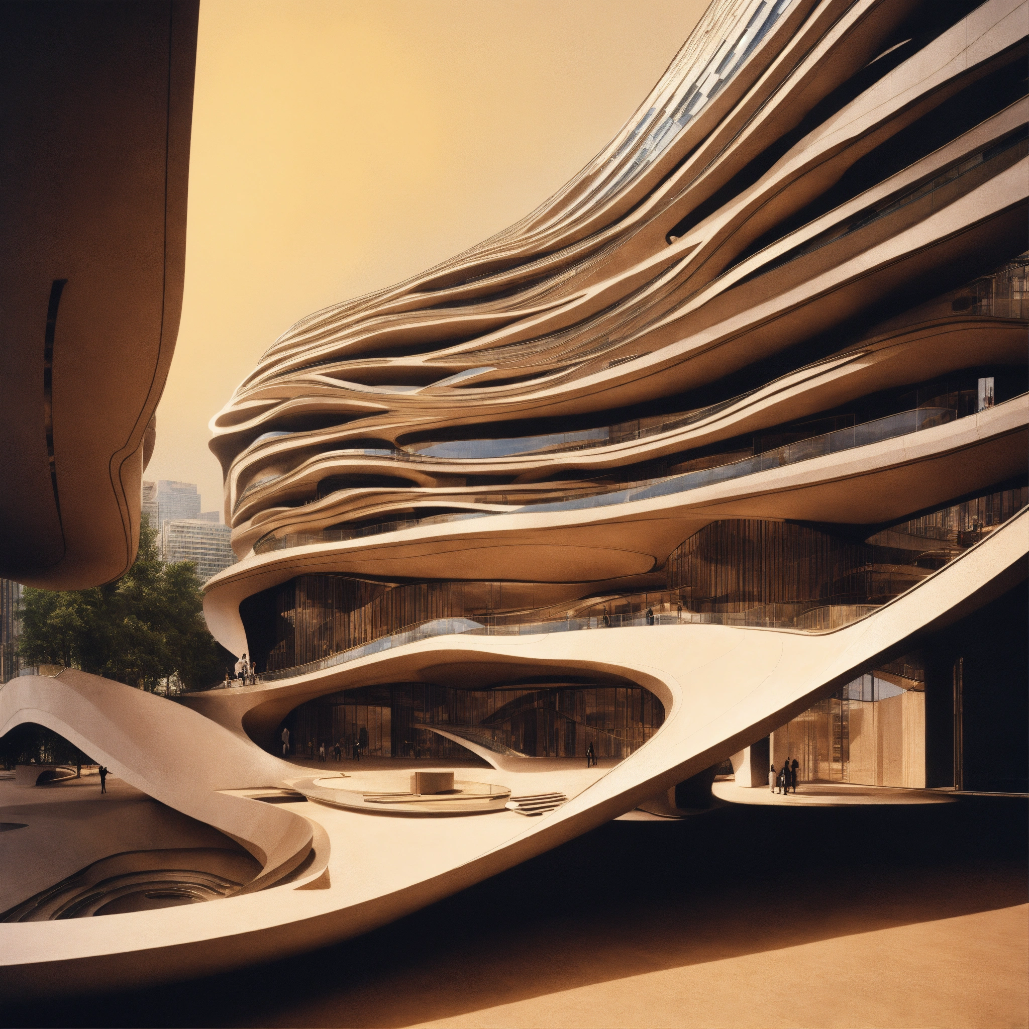 Lexica Zaha Hadid surrealist opera in the city made of moleskin.