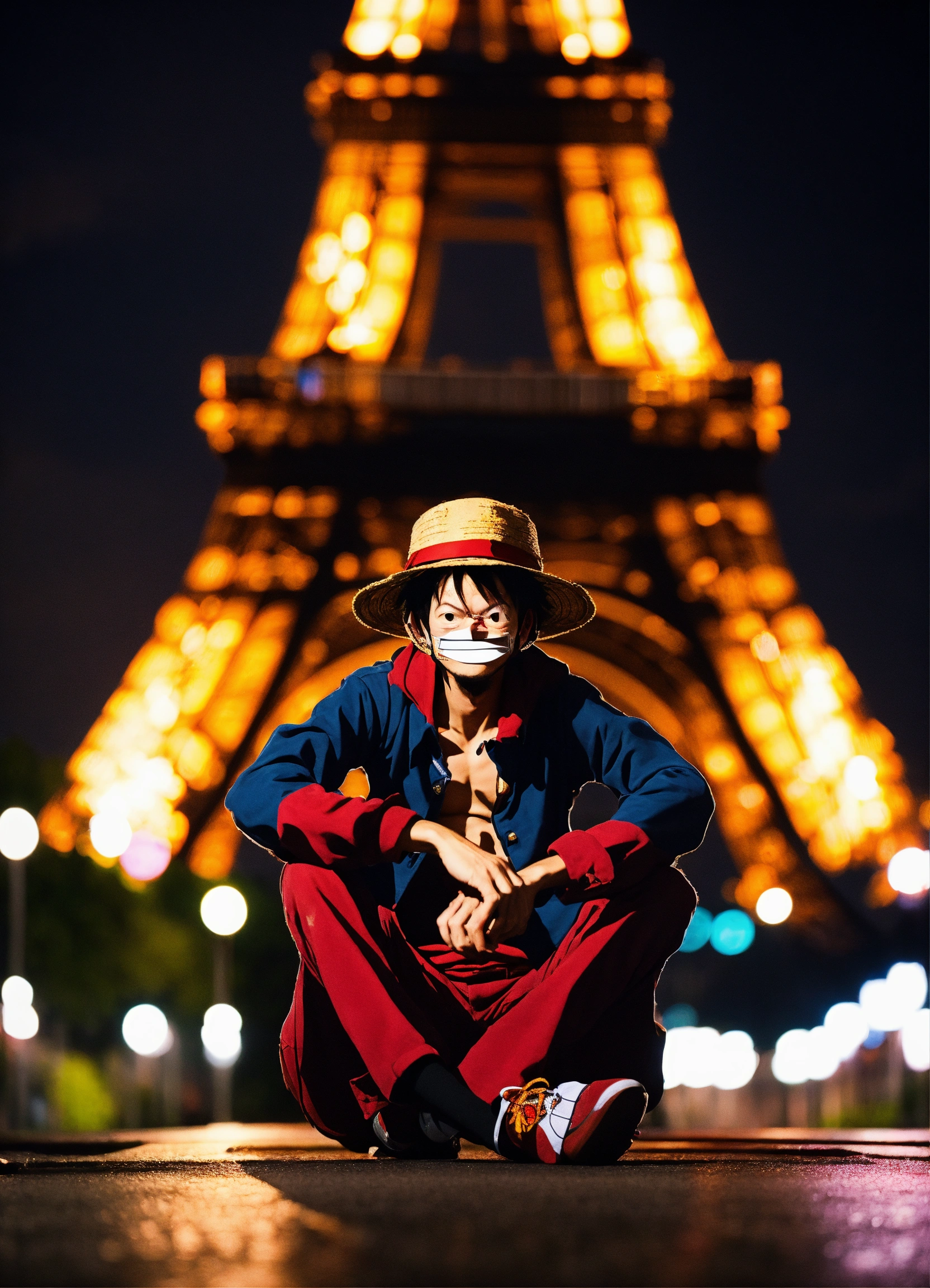 Lexica - Monkey D. Luffy sitting on the street under the lights in ...