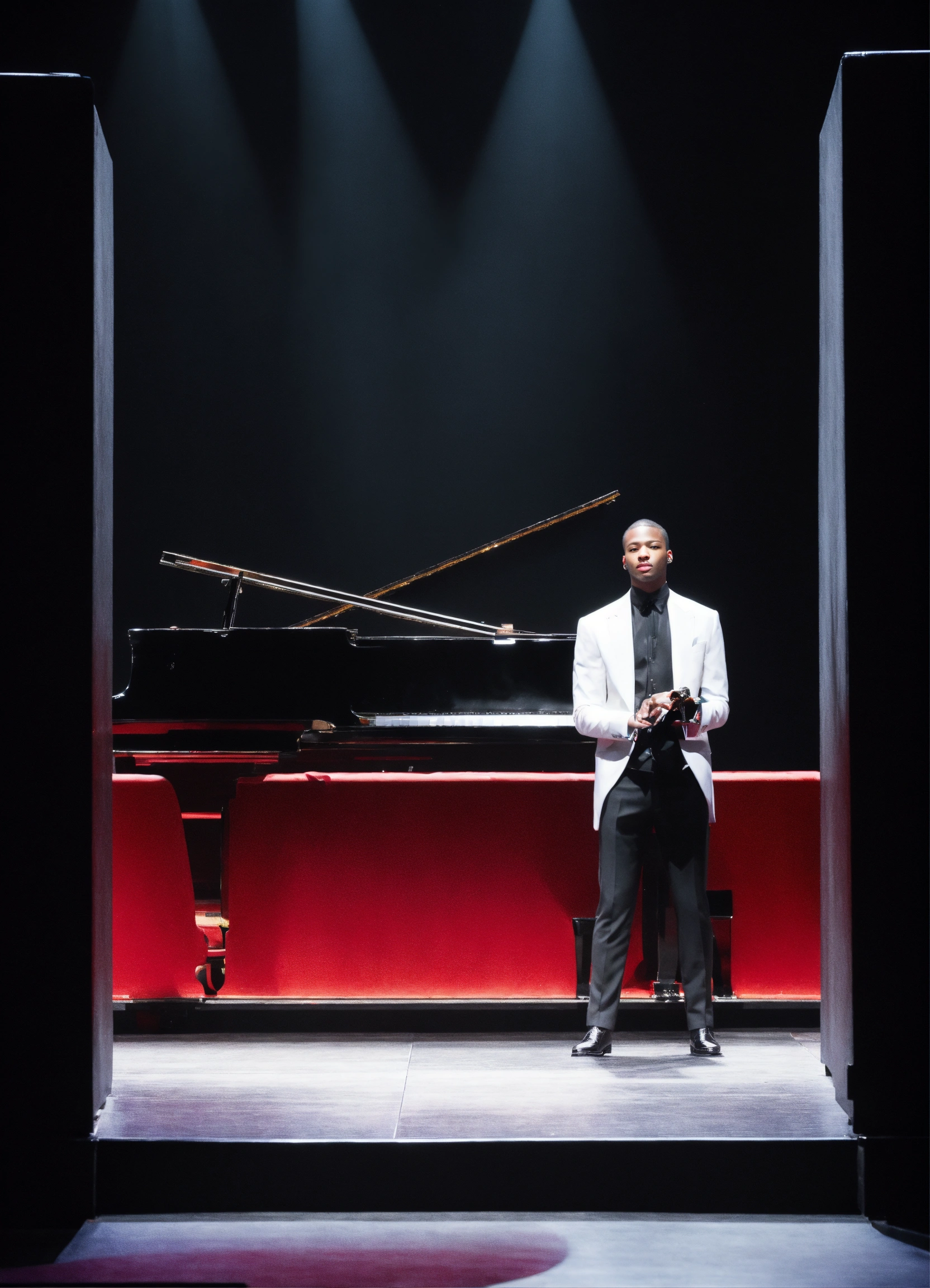 Lexica - An image on an all-black stage with a red piano and a pianist ...