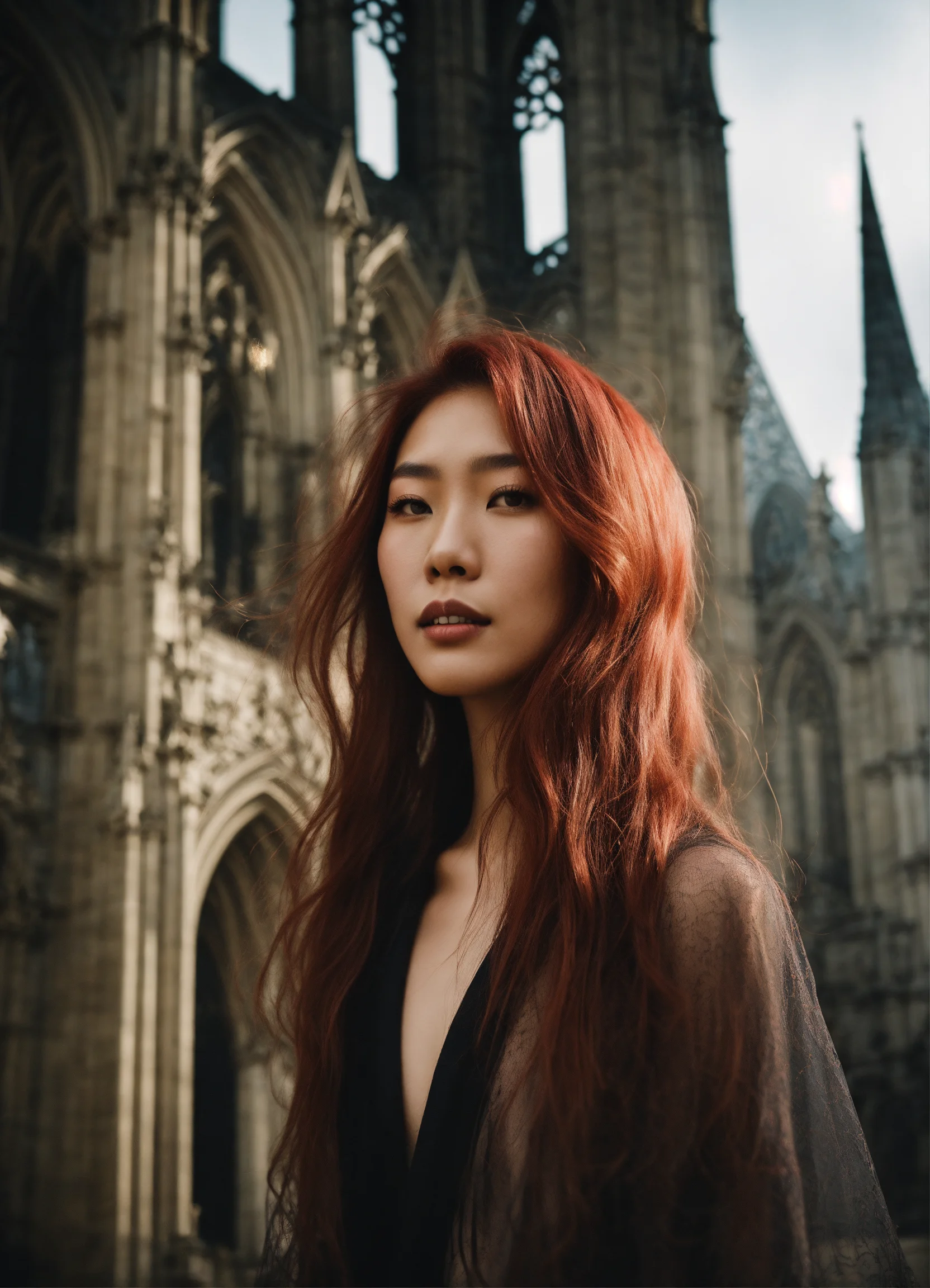 Lexica - Portrait of beautiful asian fashion model with pale red hair ...