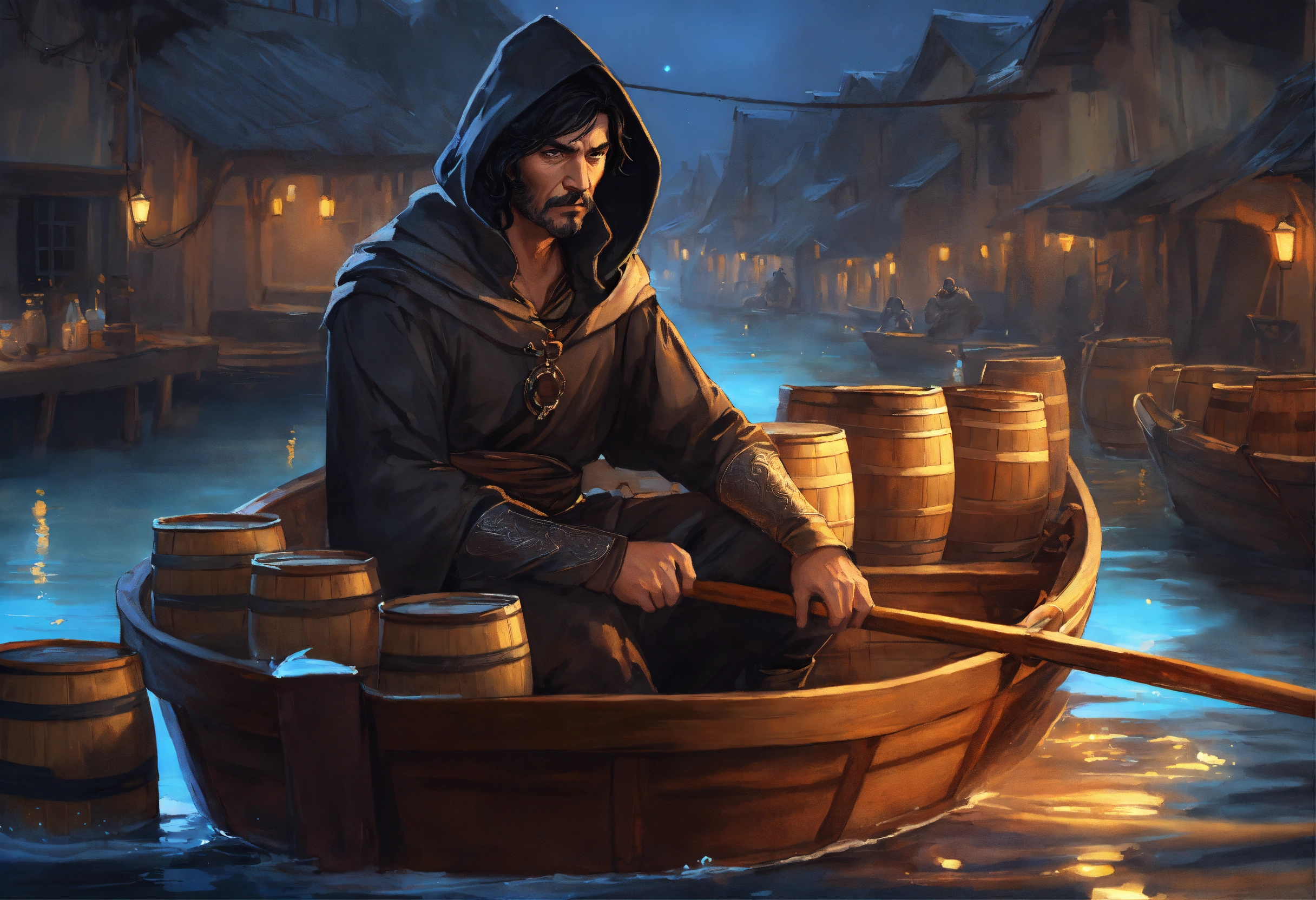 Lexica - Fantasy Painting, black haired, medieval Old male Smuggler in ...