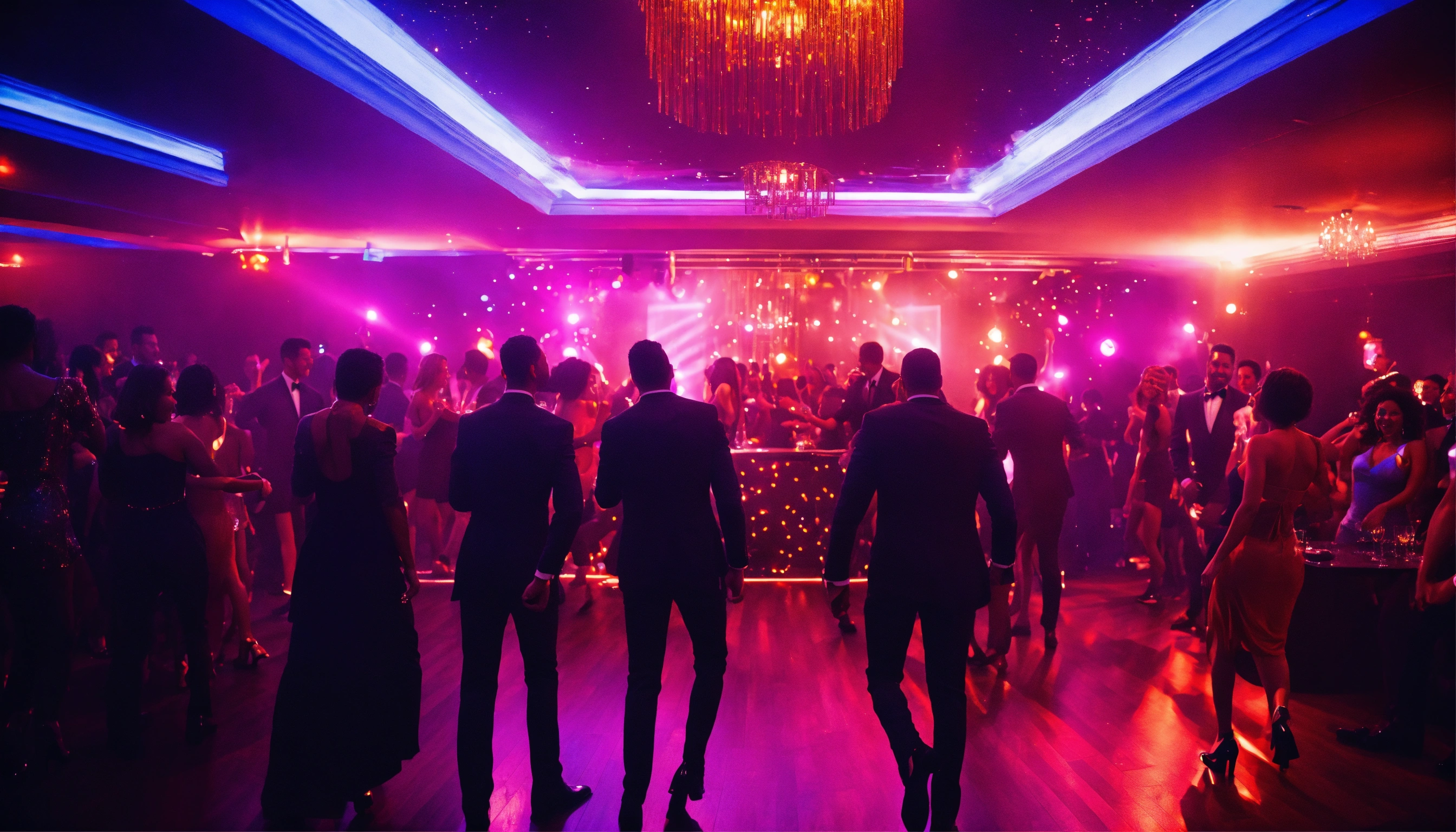 Lexica A wide shot of mixed raced people partying upscale attire