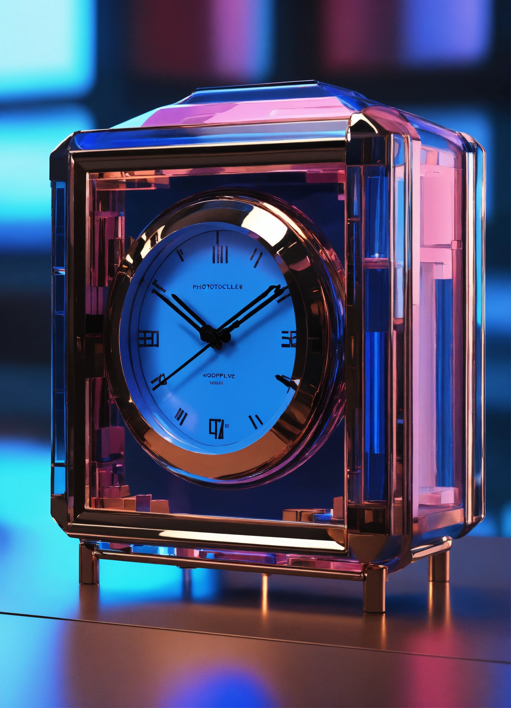 Lexica - Futuristic clock made of plastic, chrome metals, and blue ...
