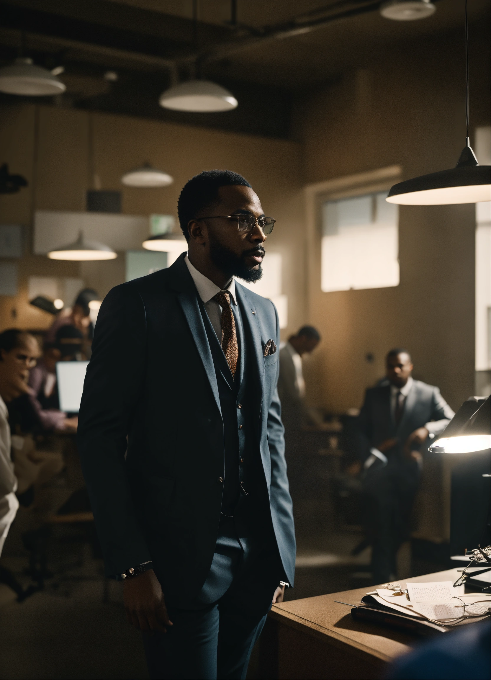 Lexica - Wide angle Environmental shot of black man Genius inventor in ...