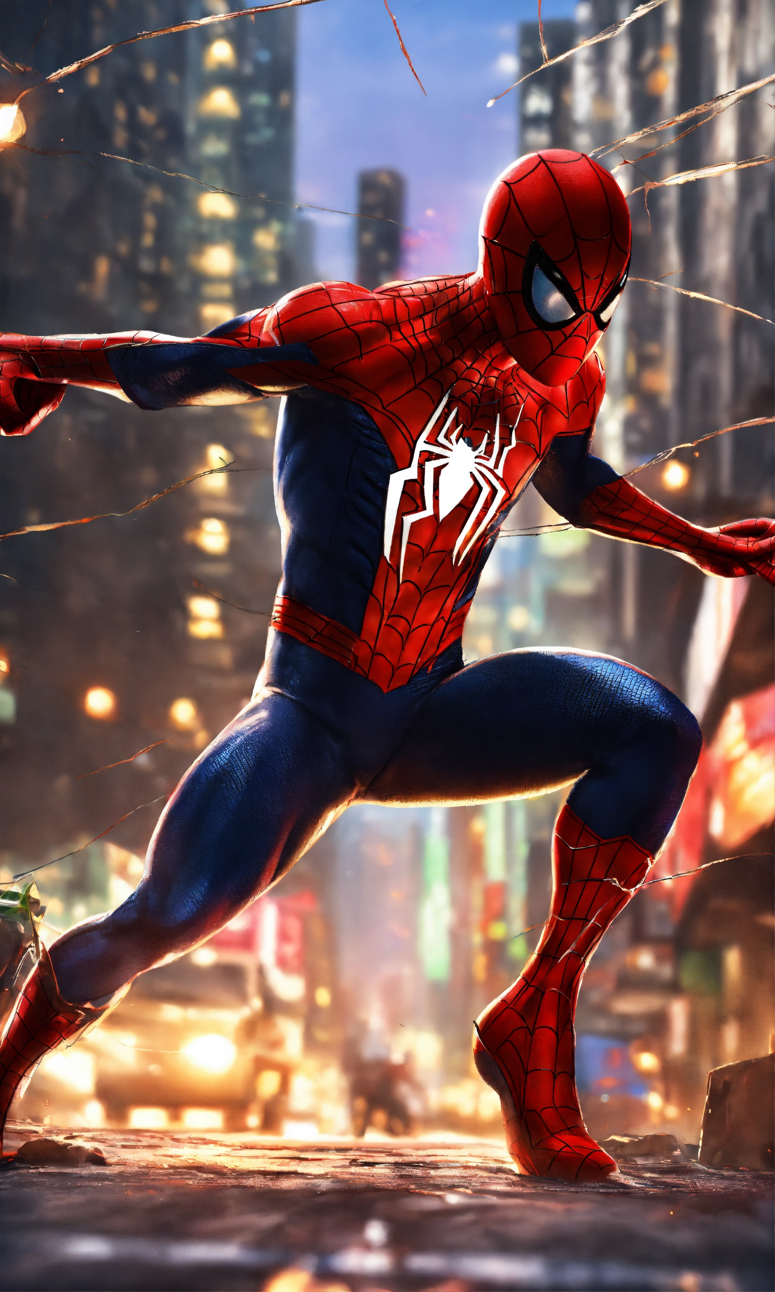 Lexica - Spiderman fighting, 2D render, city street