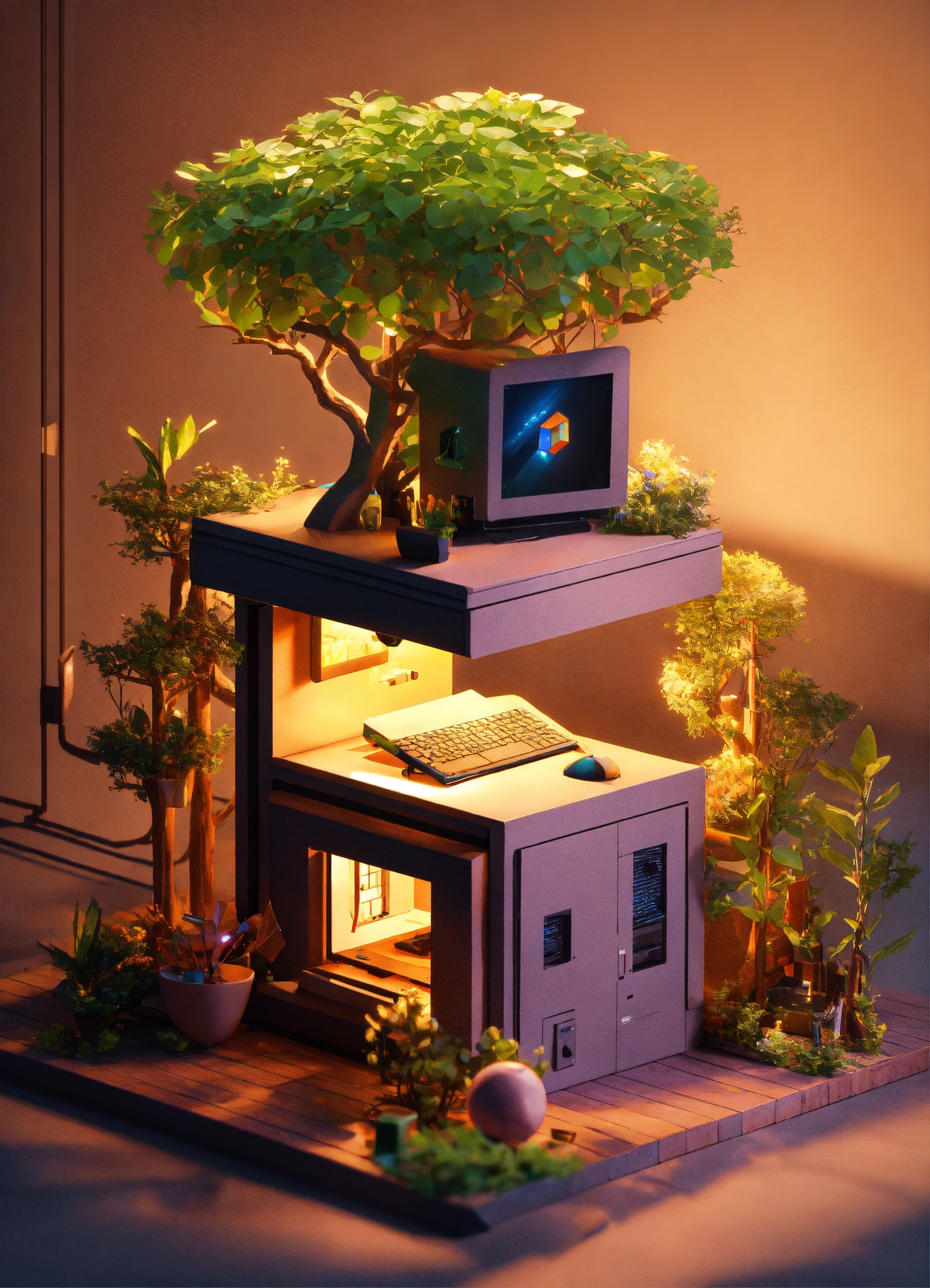 Lexica - Cube cutout of an isometric treehouse with a gaming pc ...