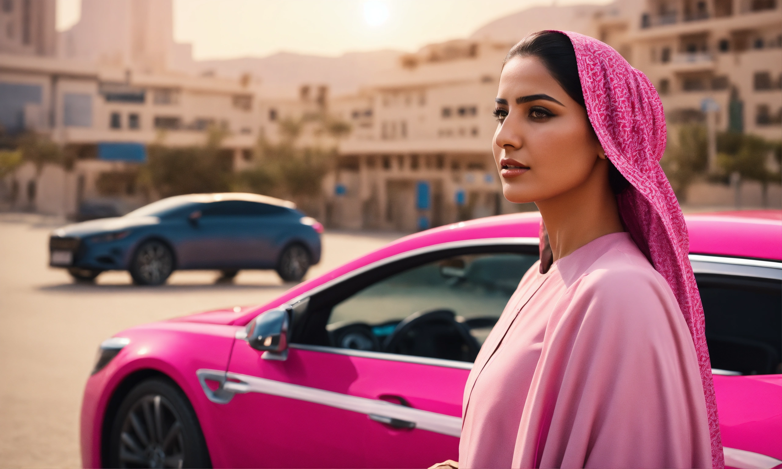 Lexica - Saudi woman, driver, in pink car, wide shot, photo-realistic ...