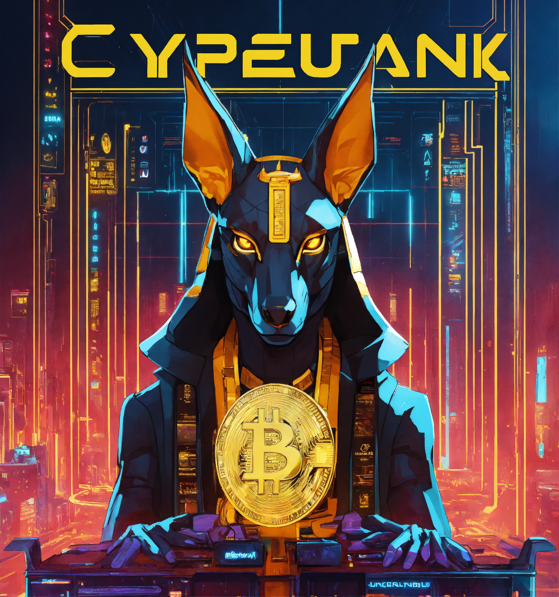 Lexica - Cyberpunk advertising poster of Anubis, surrounded by ...