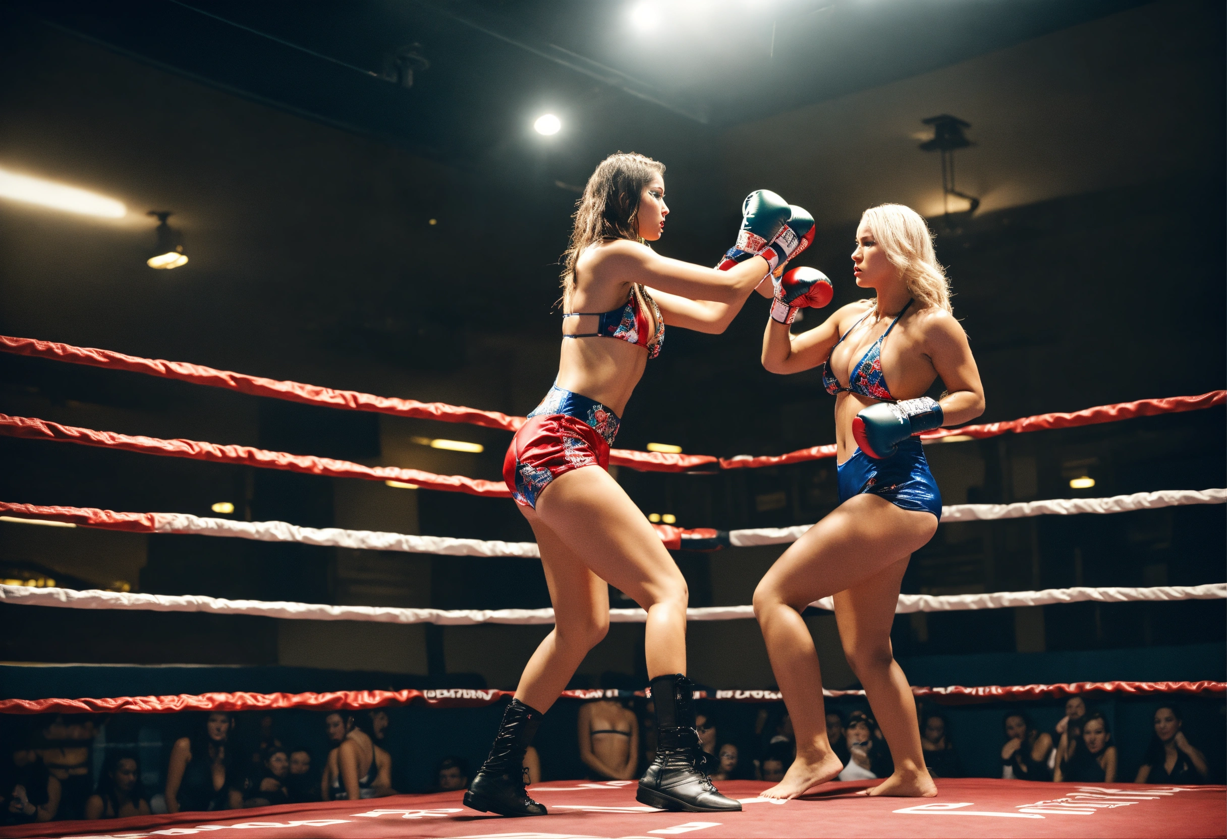 Lexica - Two females, in monokini, 38D cup, fighting in boxing ring