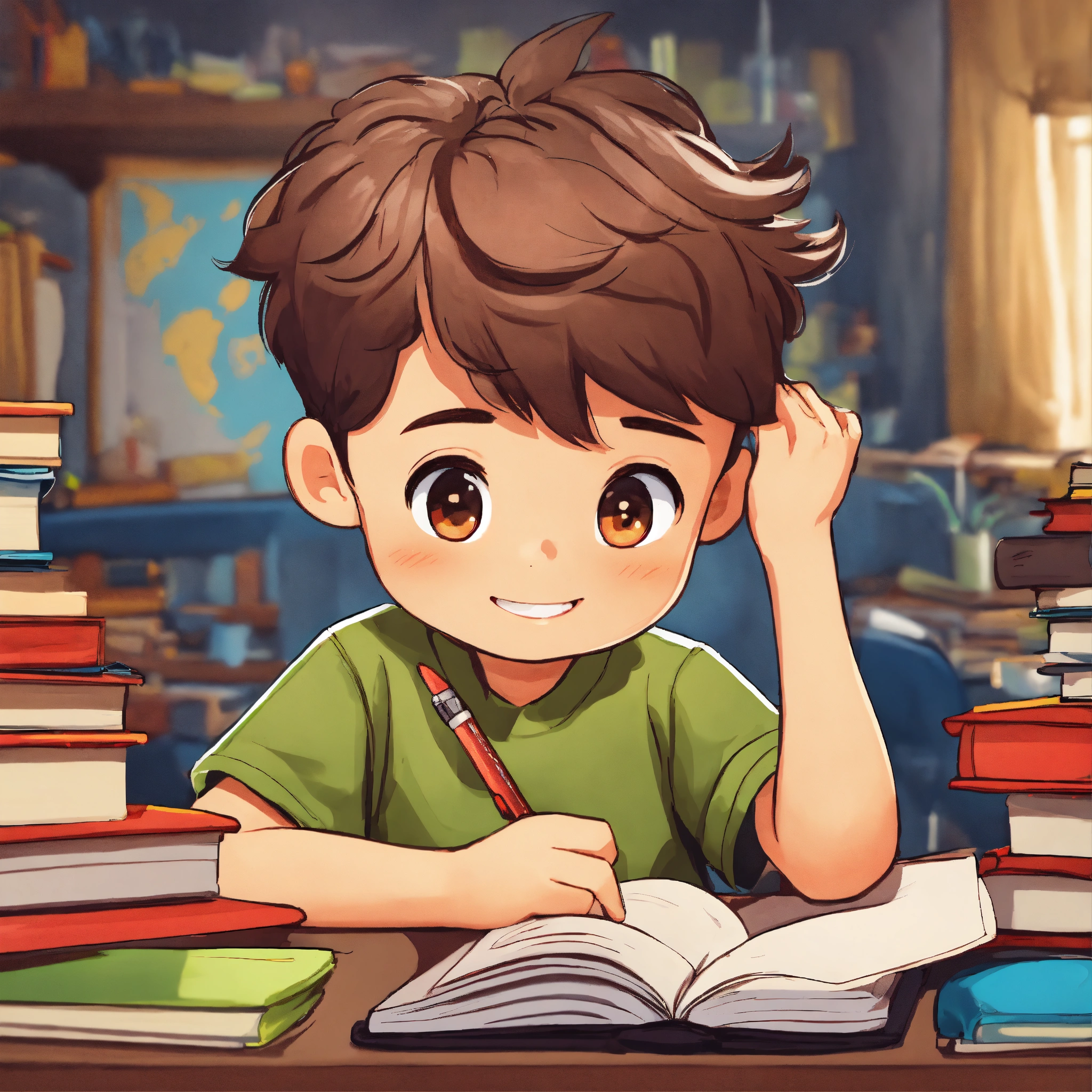 Lexica - Cartoon boy studying, round sticker icon