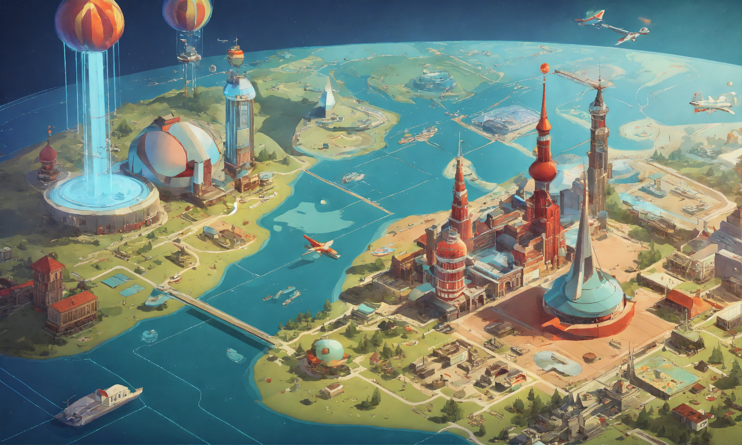 Lexica - World map. Isometric. Retrofuturistic. USSR. Jetsons.