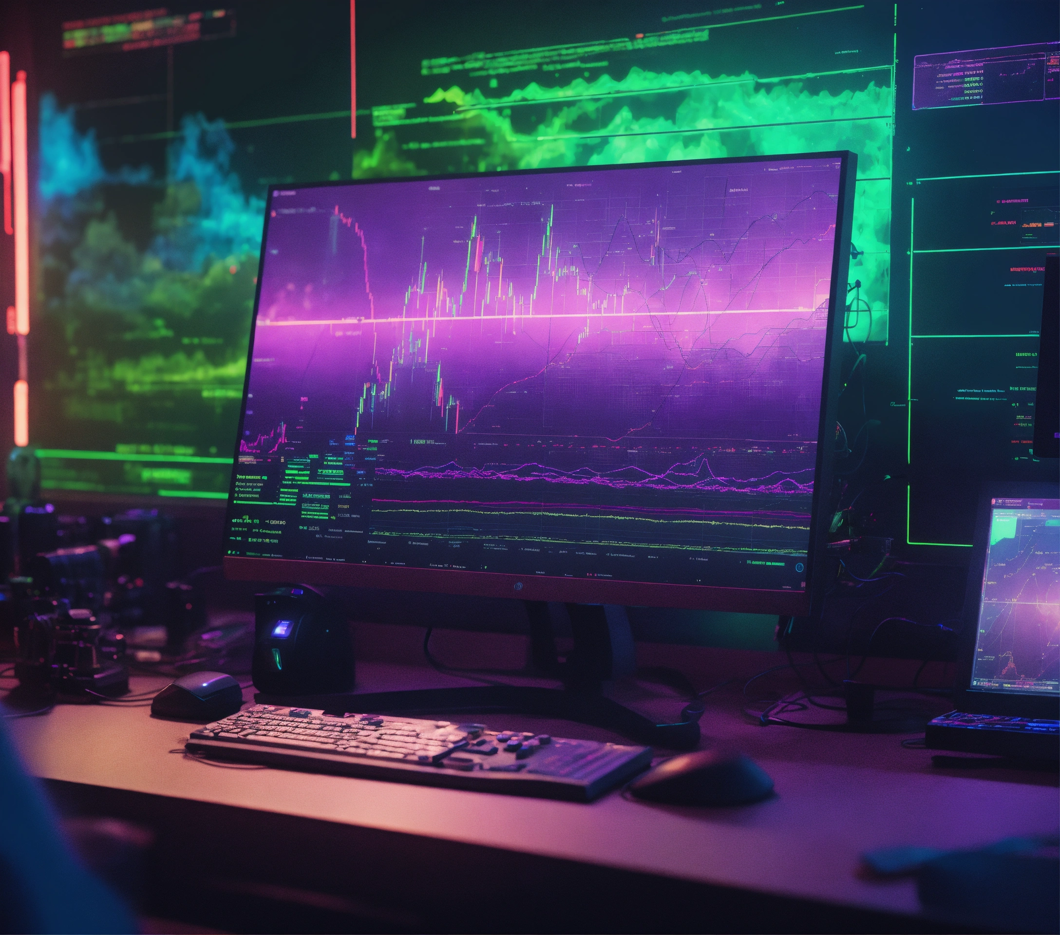 Lexica - Back view of a futuristic chart on a computer, RSi trading ...