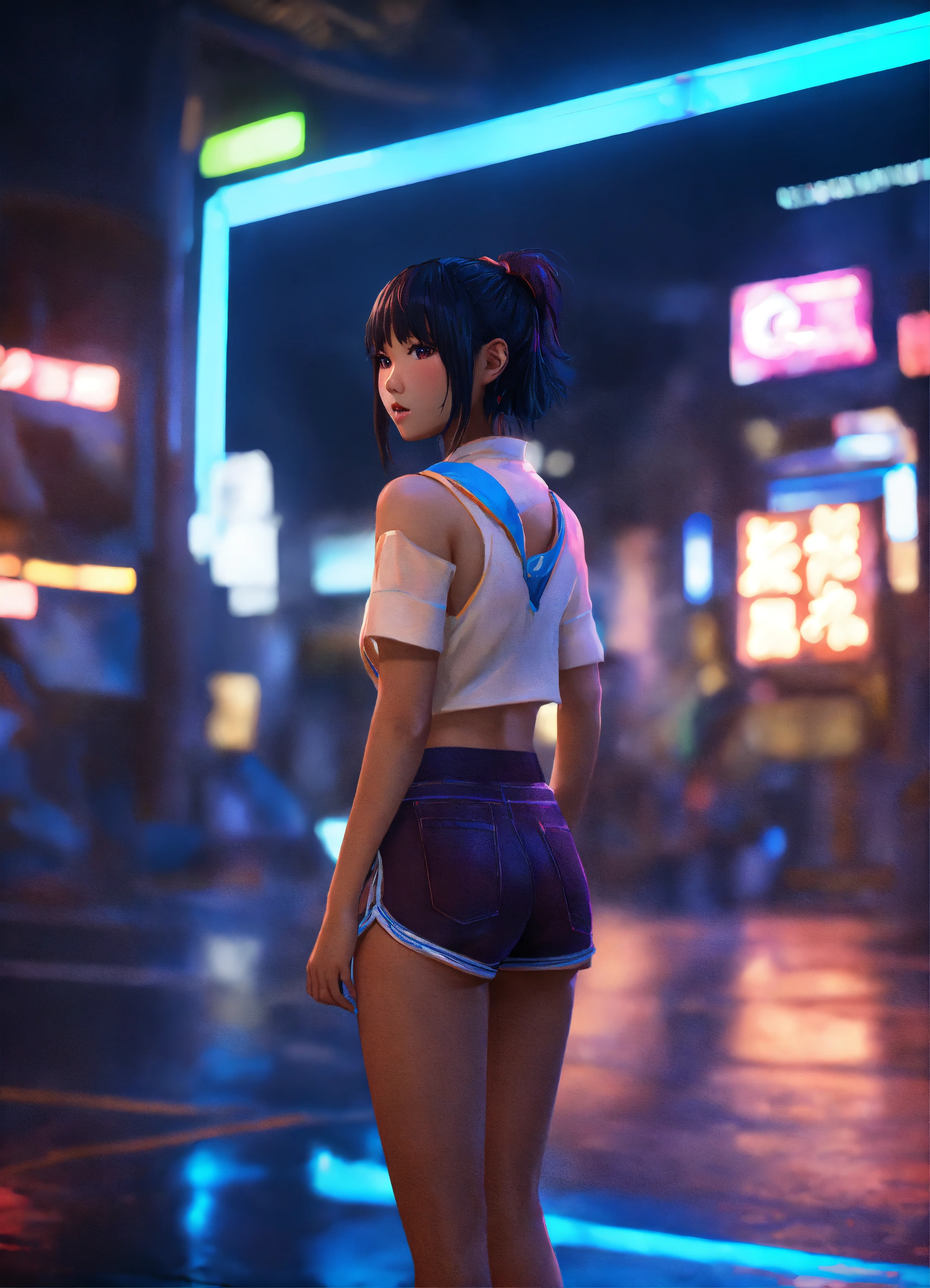 Lexica - Unreal engine 8k cute asian girl wearing tight shorts looking  behind anime realism neon