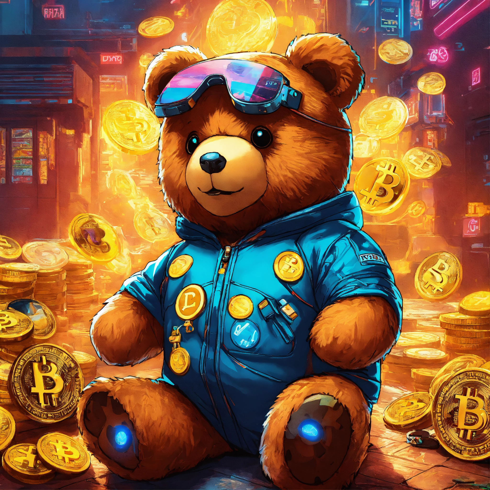 Lexica - Cyberpunk advertising poster of teddy bear , surrounded by ...