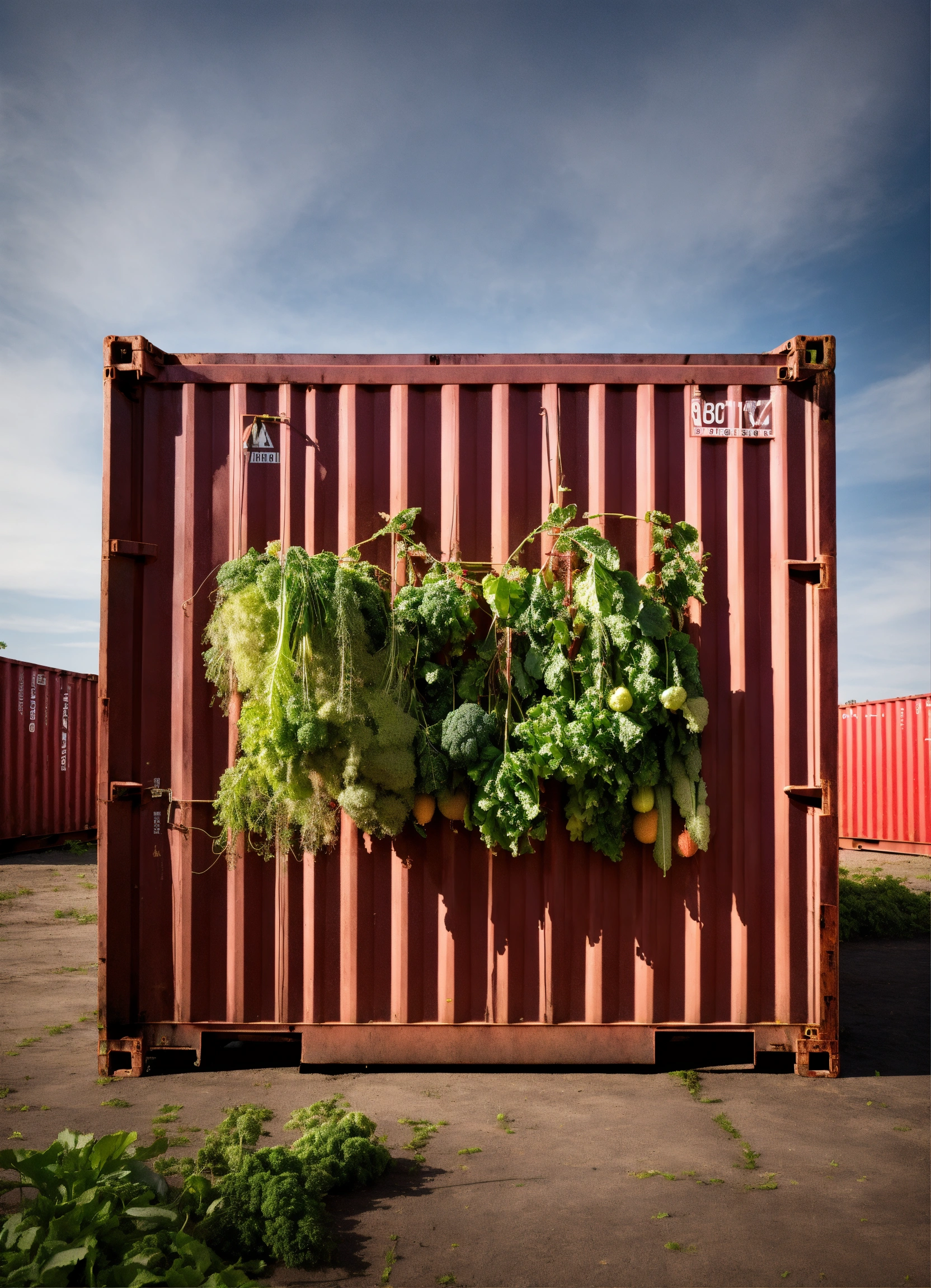 Lexica - A shipping container with fruits and vegetables growing out of ...