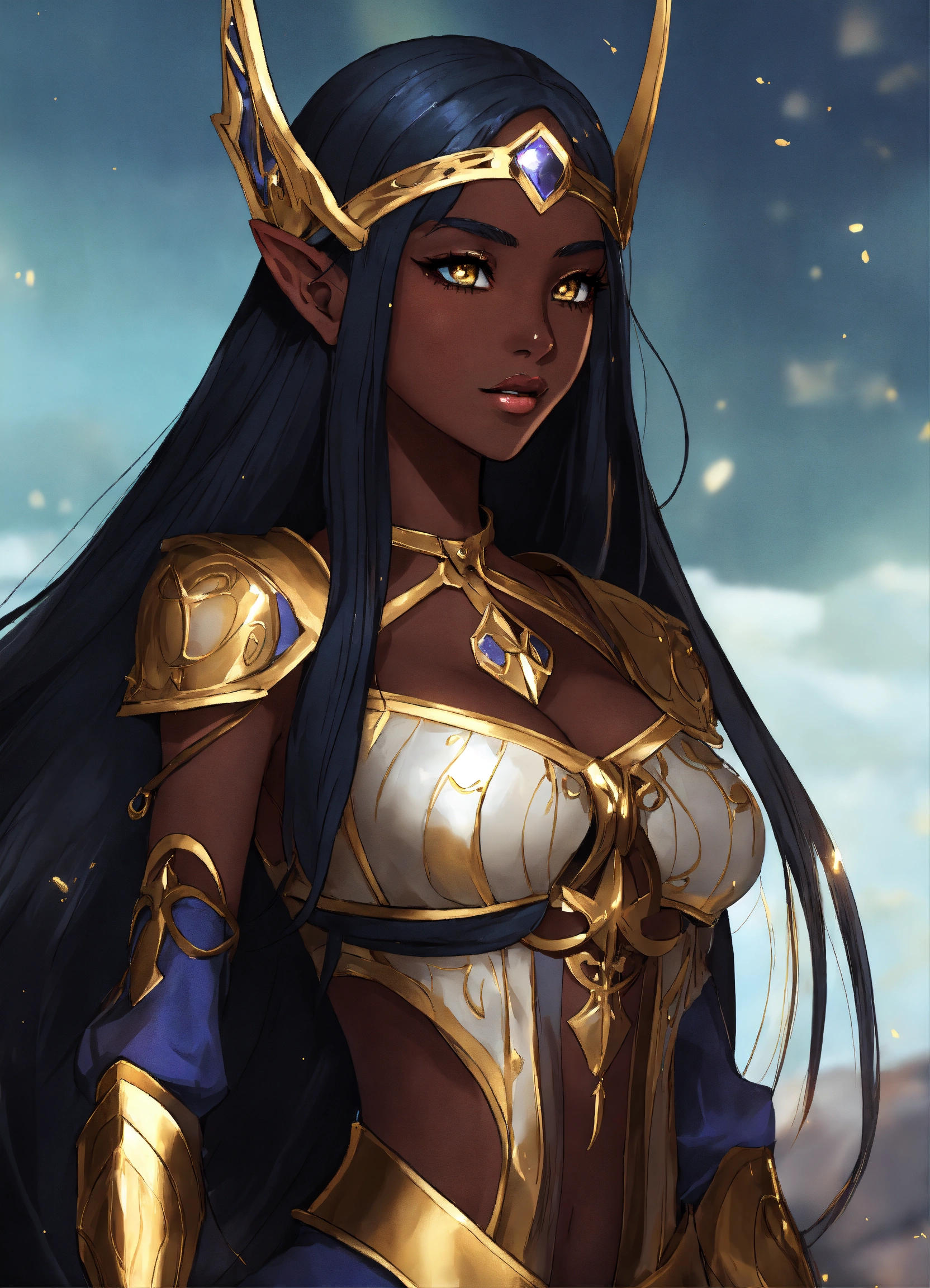 Lexica - Girl 18 years old. dark elf. golden straight long hair. dark skin.  Beautiful face. height 175. thin figure. obsidian eyes. anime reskin styl...