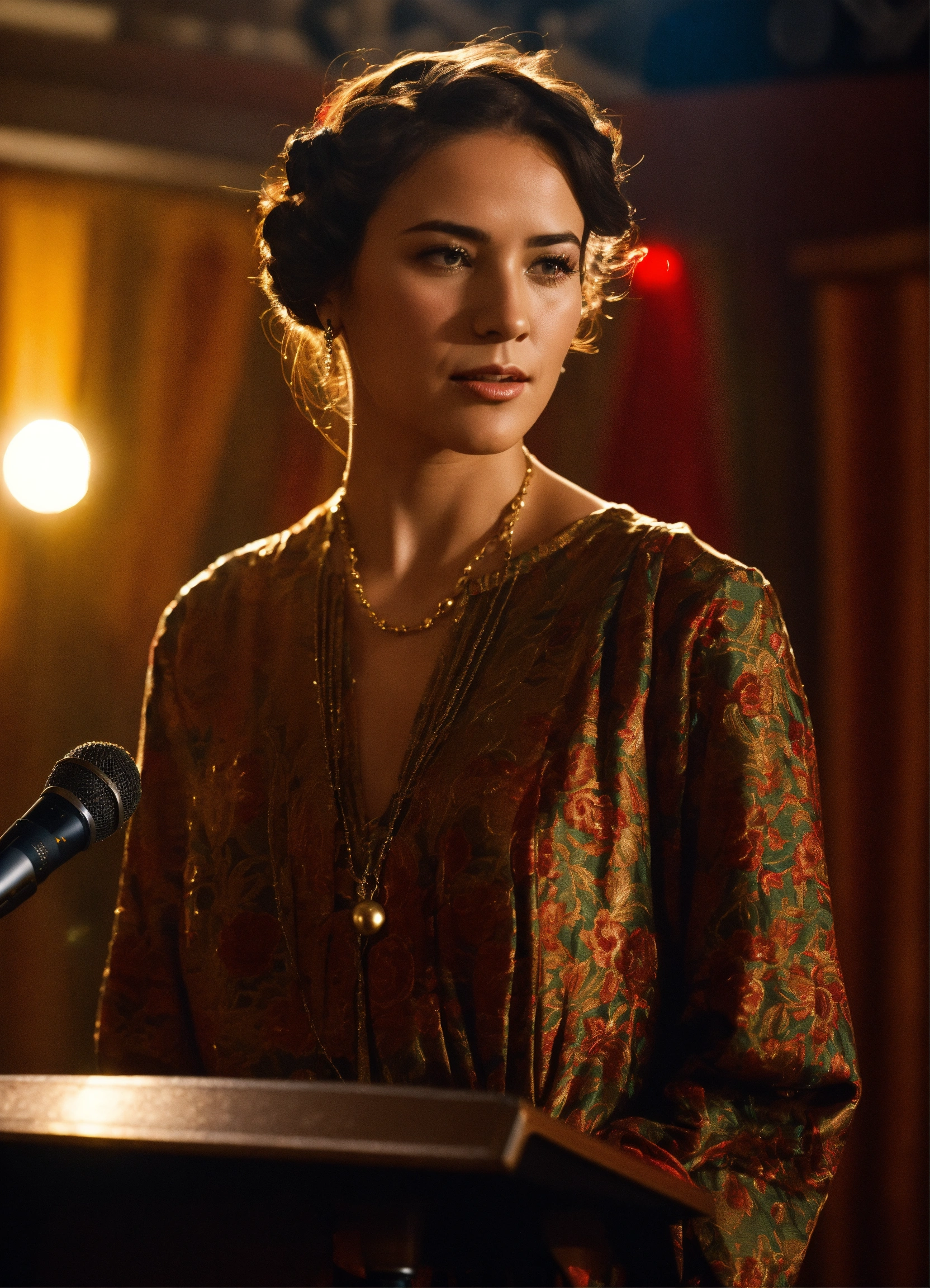 Lexica - A noble woman standing in front of the microphone
