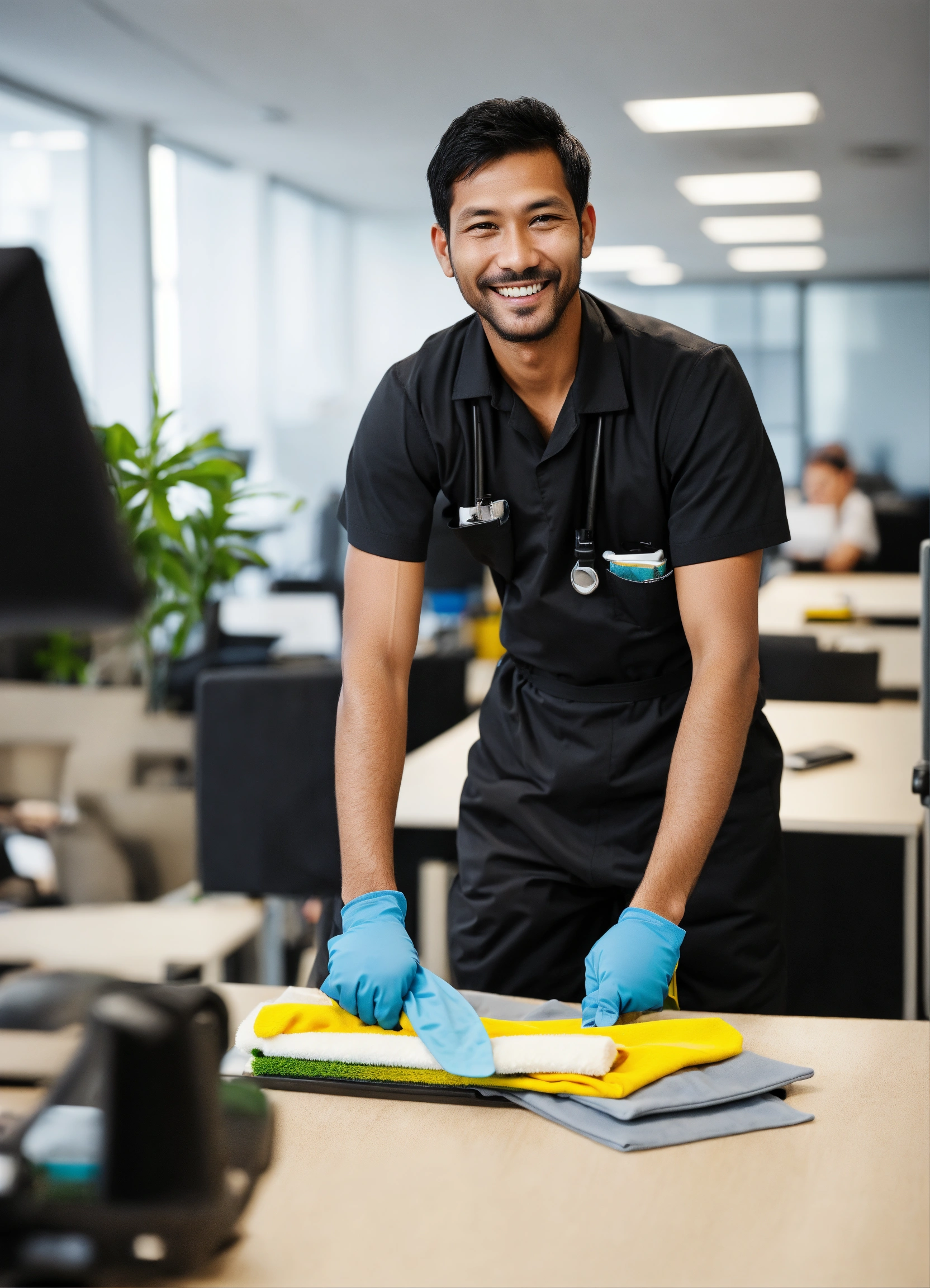 Lexica - A janitor man working in a office smilling wearing black cloths