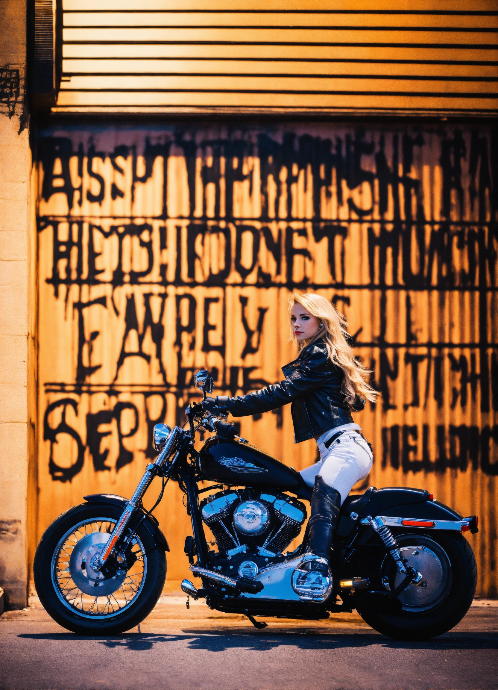 Lexica - A blonde girl on Harley Davidson moto in New York and behind her a  wall at the night in motley crue style