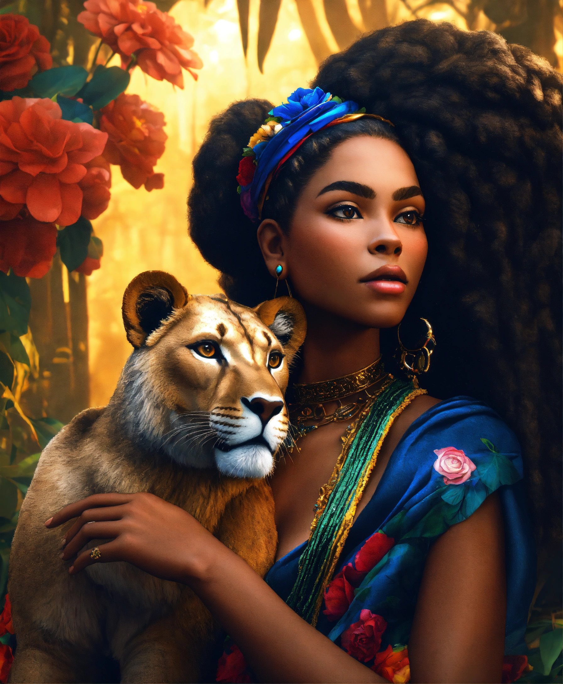 Lexica - A beautiful black woman holding a lion in her arms, fantasy ...