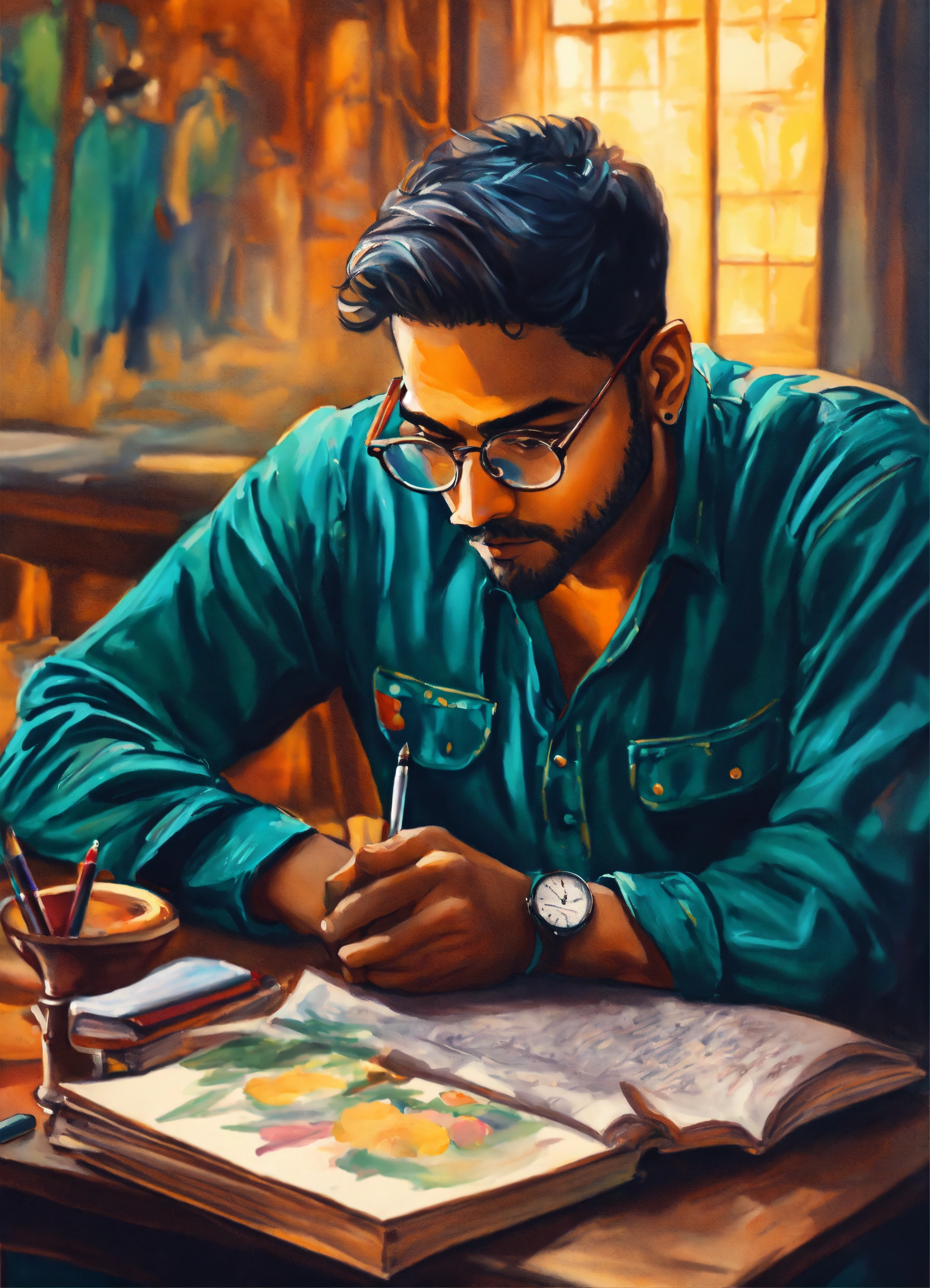 Lexica - A hand drawn painting of an Indian guy wearing a spectacles ...