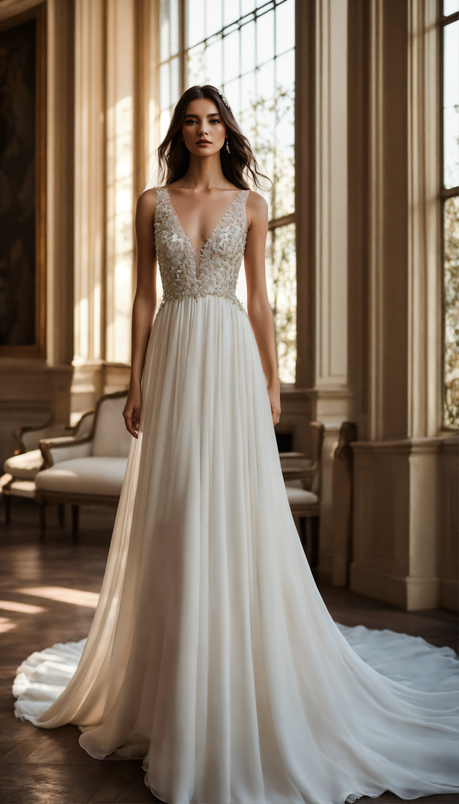 Lexica - Create a realistic photo of a silk and chiffon wedding dress ...