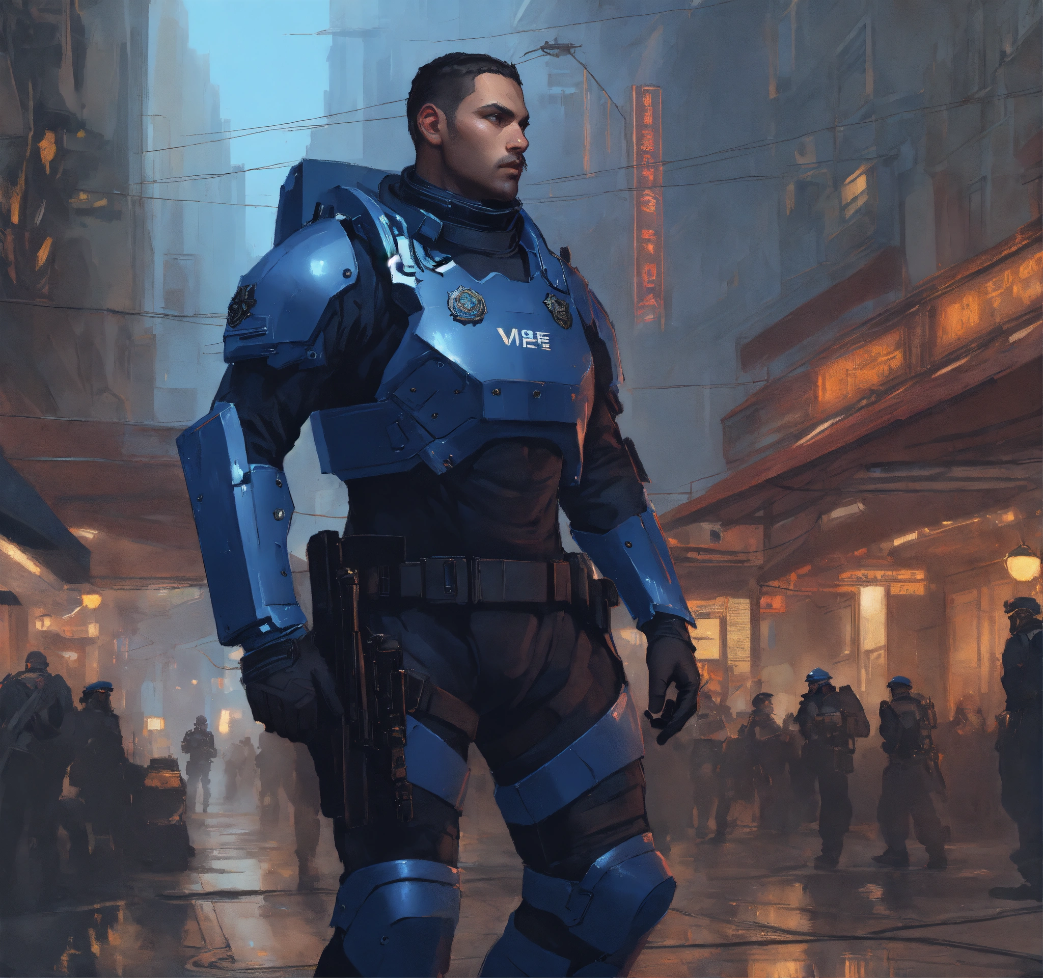 Lexica - Male cop wearing a light light navy blue power armor, dark ...