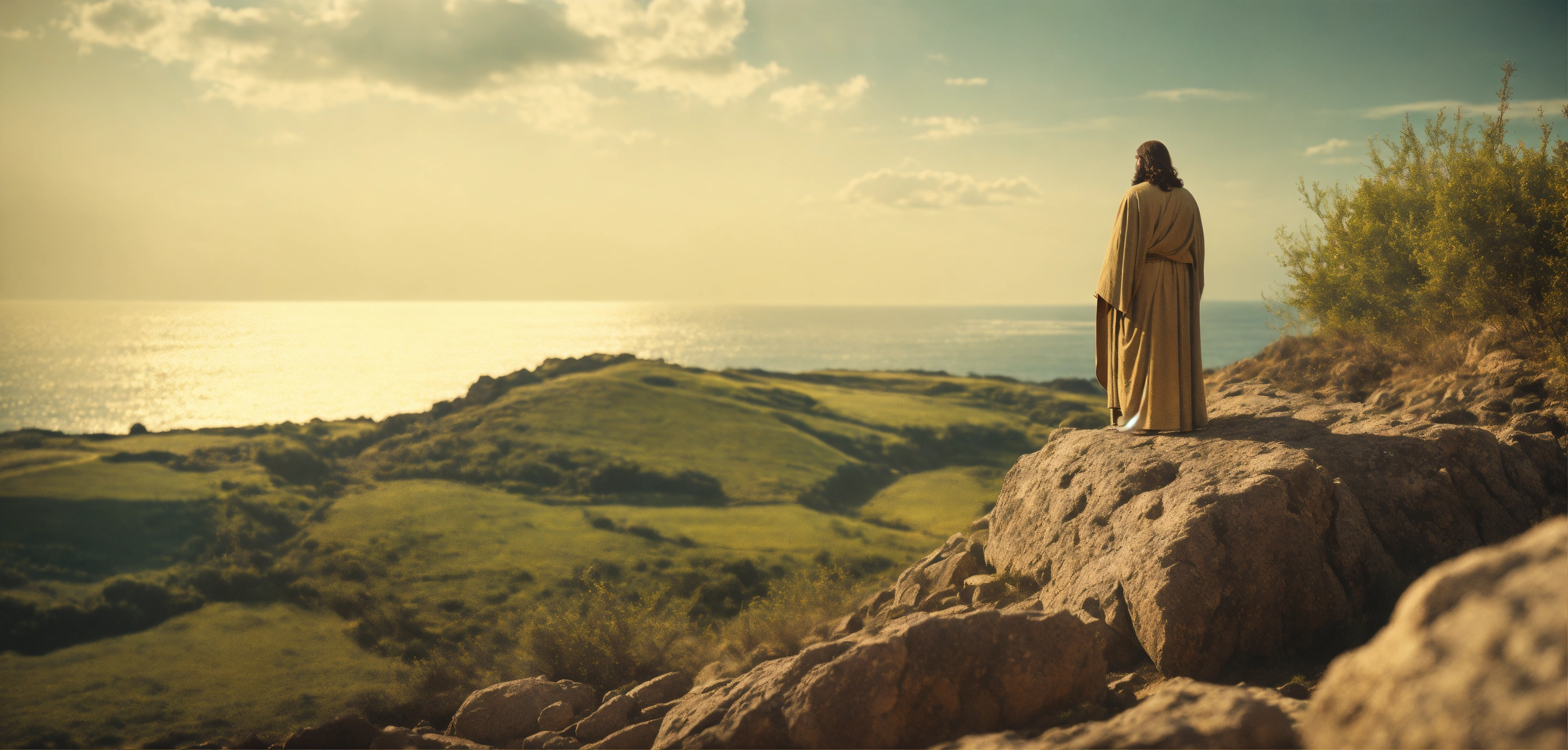 Lexica - Back view of jesus christ on a rock looking at the field ...